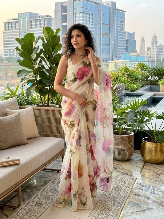 Handworked Elegance Floral Digital Off White Premium Saree