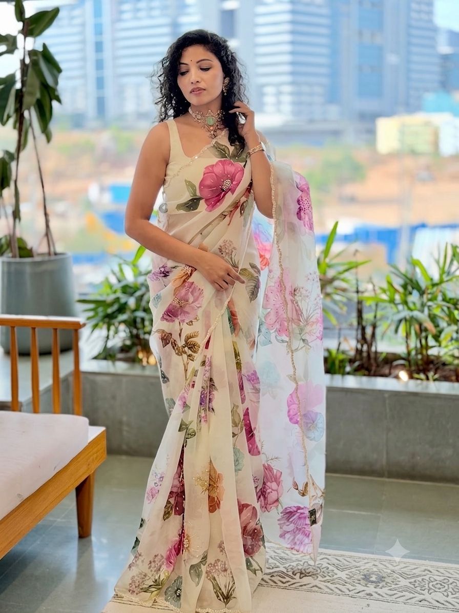 Handworked Elegance Floral Digital Off White Premium Saree