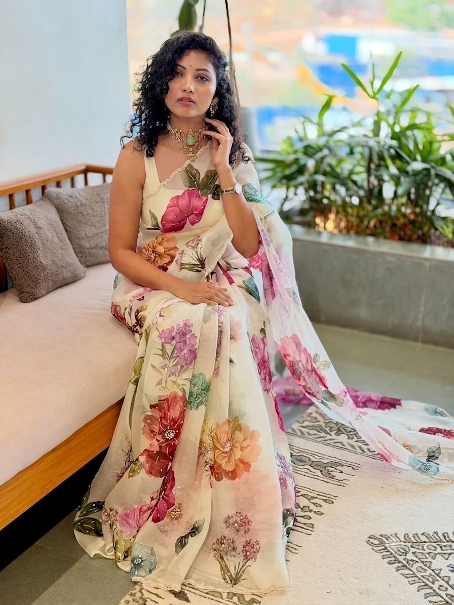 Handworked Elegance Floral Digital Off White Premium Saree