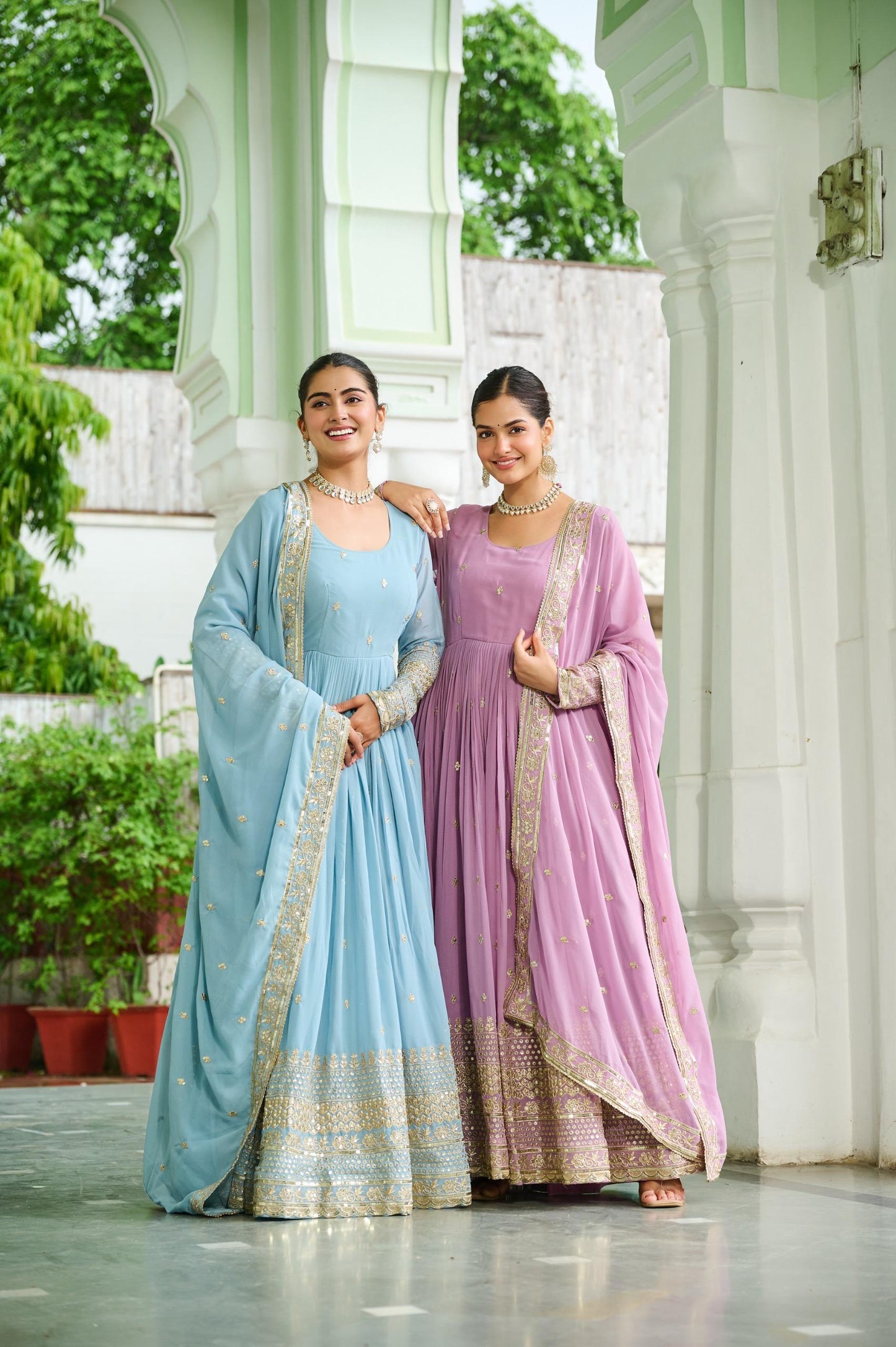 Pastal Attractive Dusty Gown Dupatta Set In Lavender & Sky Blue