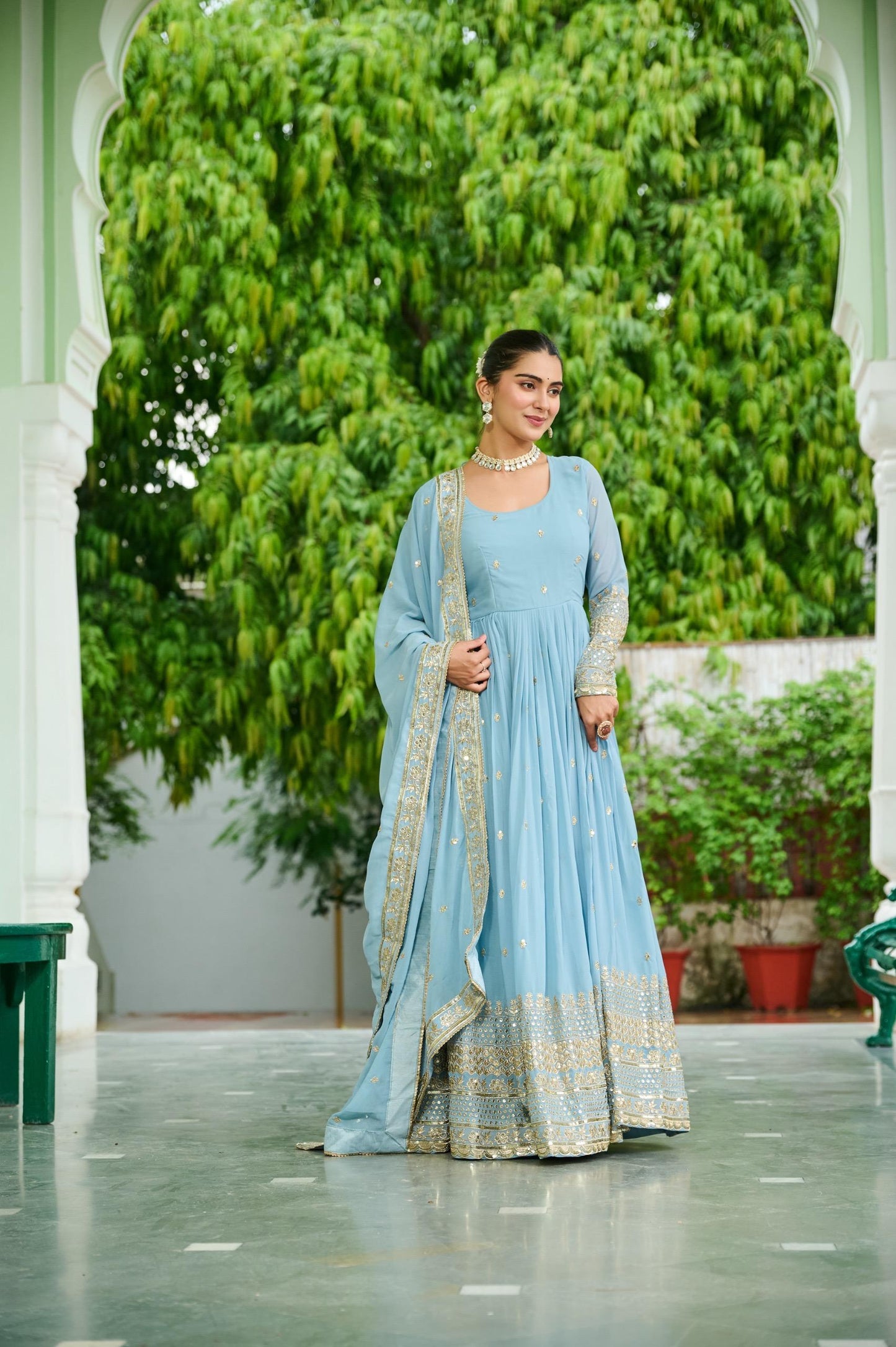 Pastal Attractive Dusty Gown Dupatta Set In Lavender & Sky Blue