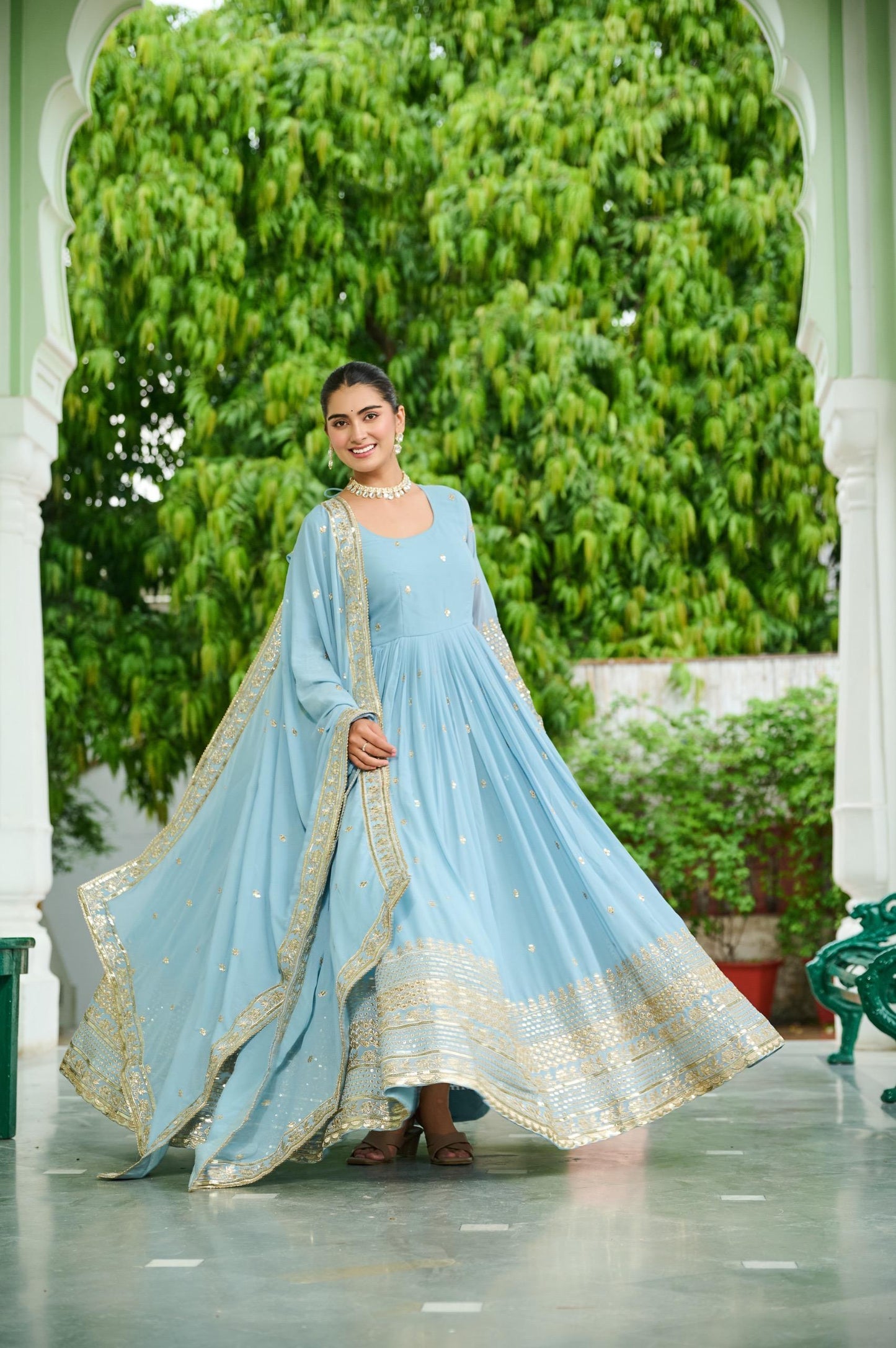 Pastal Attractive Dusty Gown Dupatta Set In Lavender & Sky Blue
