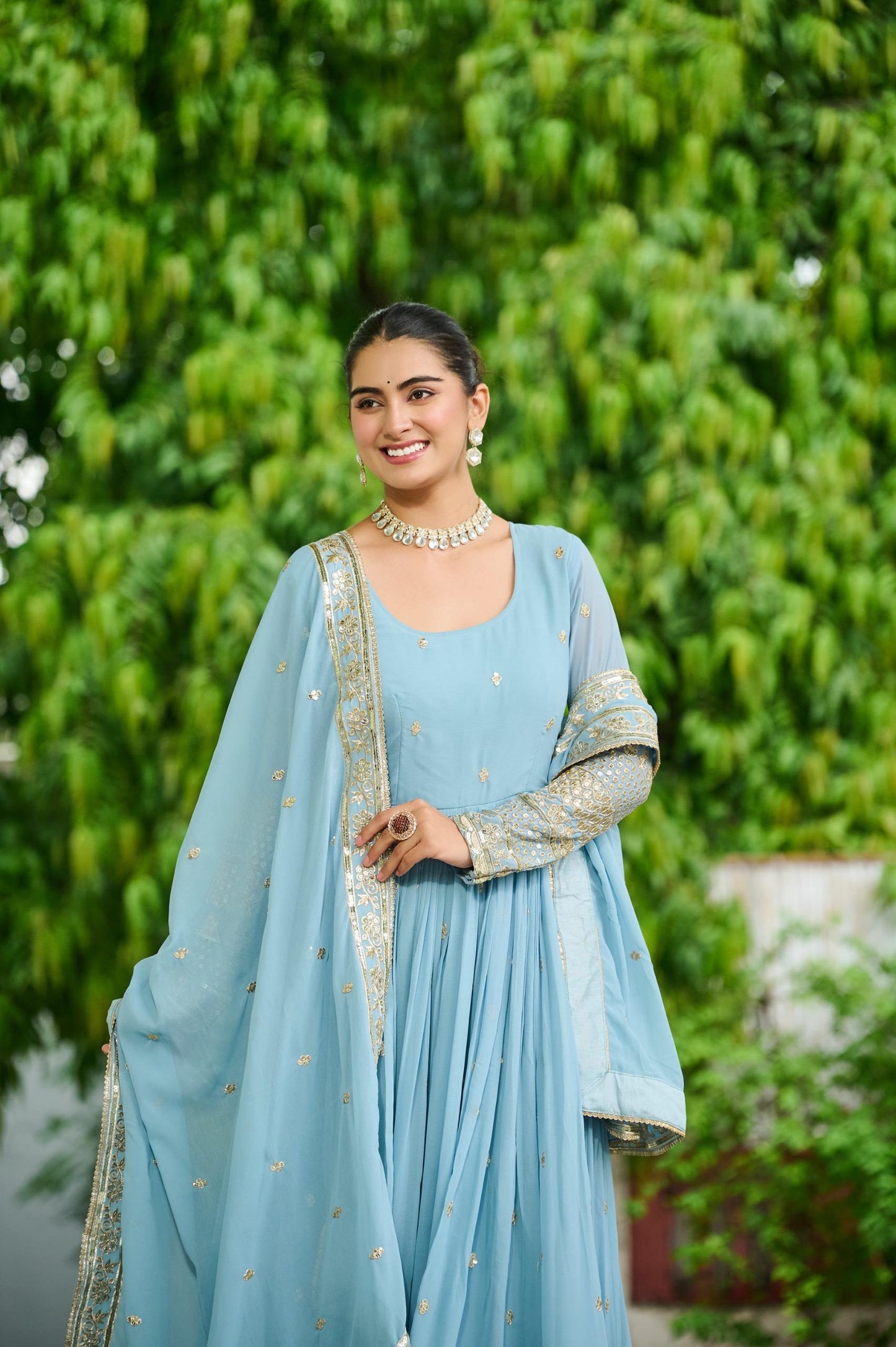 Pastal Attractive Dusty Gown Dupatta Set In Lavender & Sky Blue