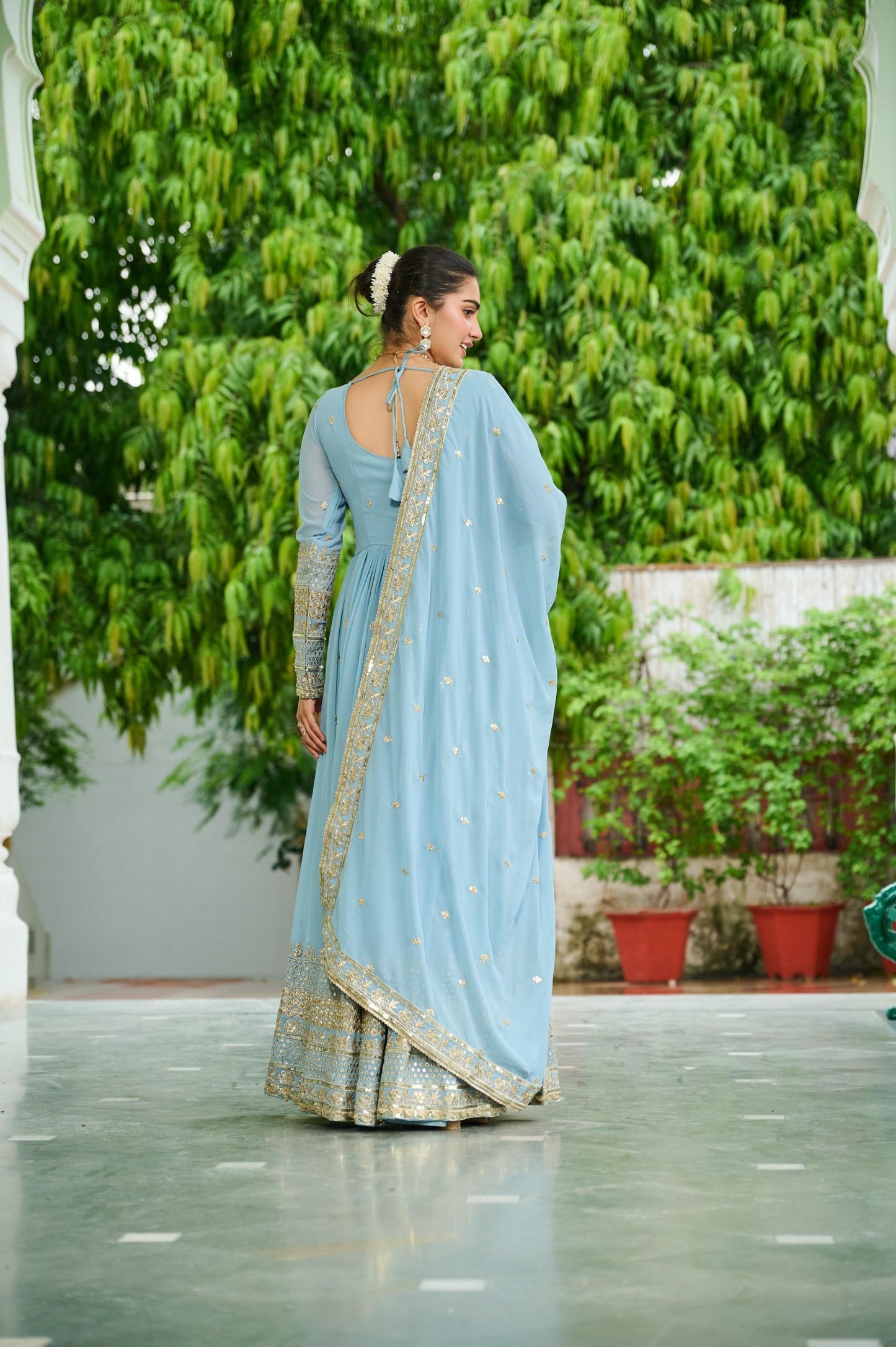 Pastal Attractive Dusty Gown Dupatta Set In Lavender & Sky Blue