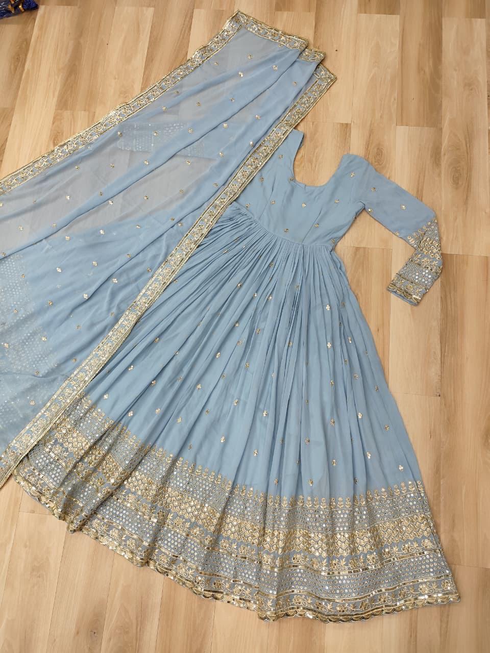 Pastal Attractive Dusty Gown Dupatta Set In Lavender & Sky Blue
