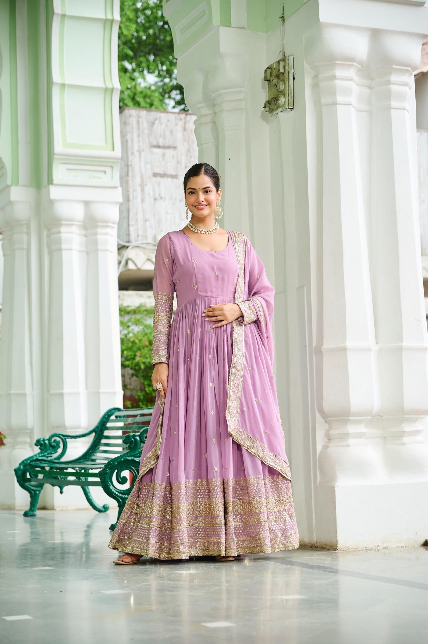 Pastal Attractive Dusty Gown Dupatta Set In Lavender & Sky Blue