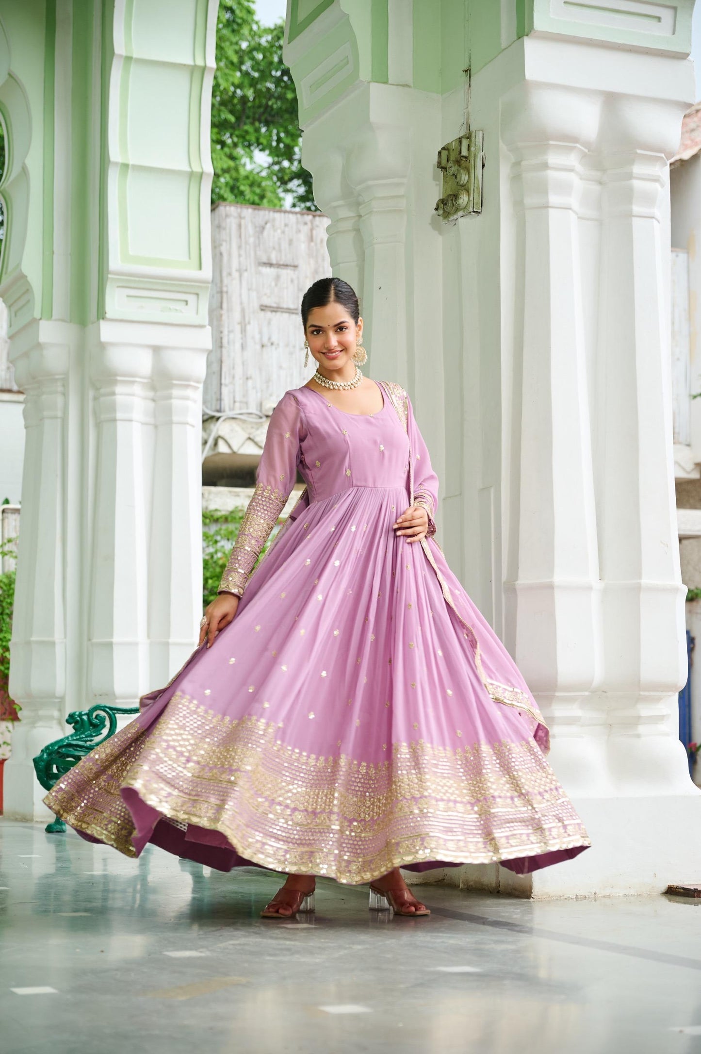 Pastal Attractive Dusty Gown Dupatta Set In Lavender & Sky Blue