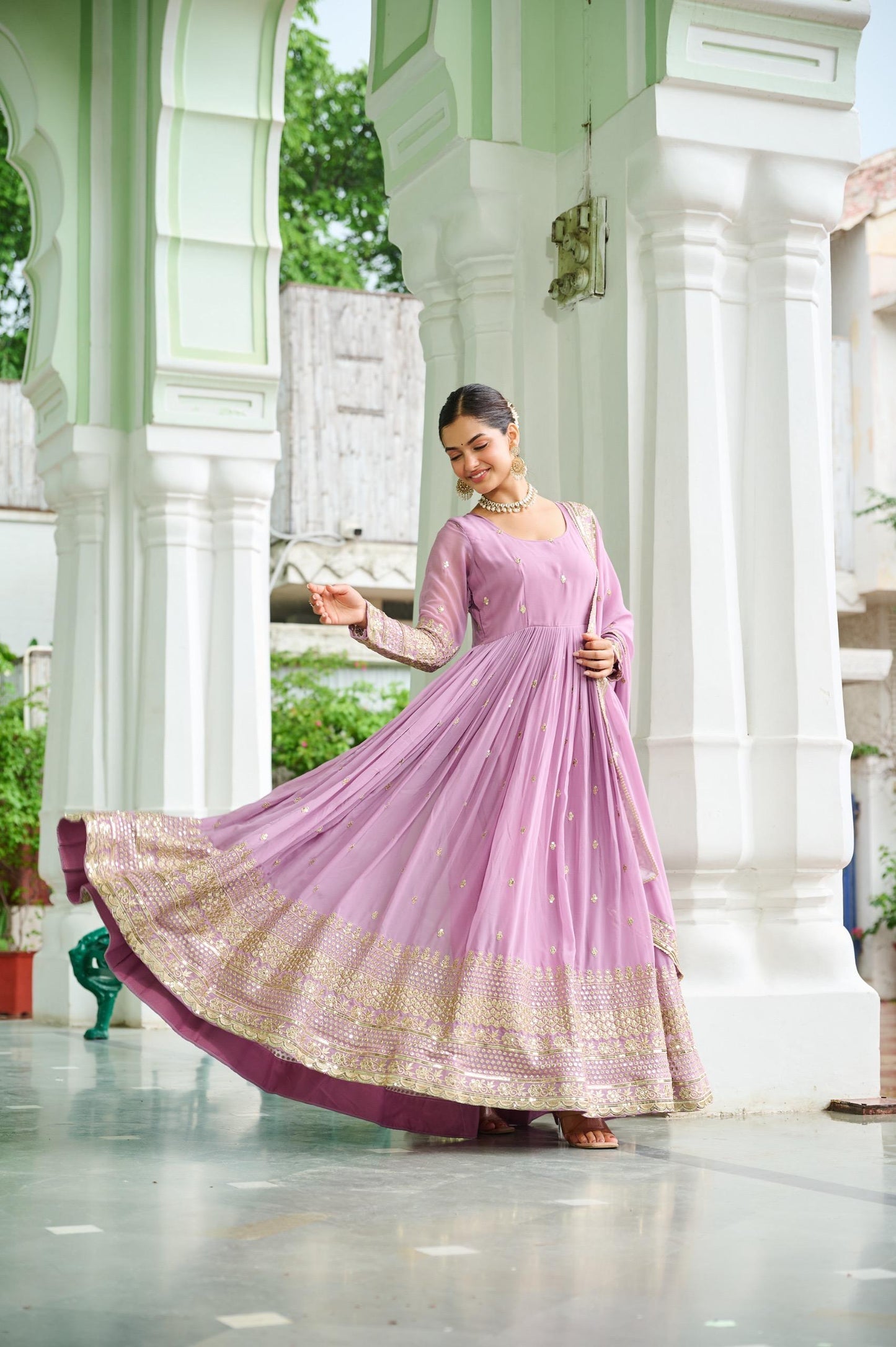 Pastal Attractive Dusty Gown Dupatta Set In Lavender & Sky Blue