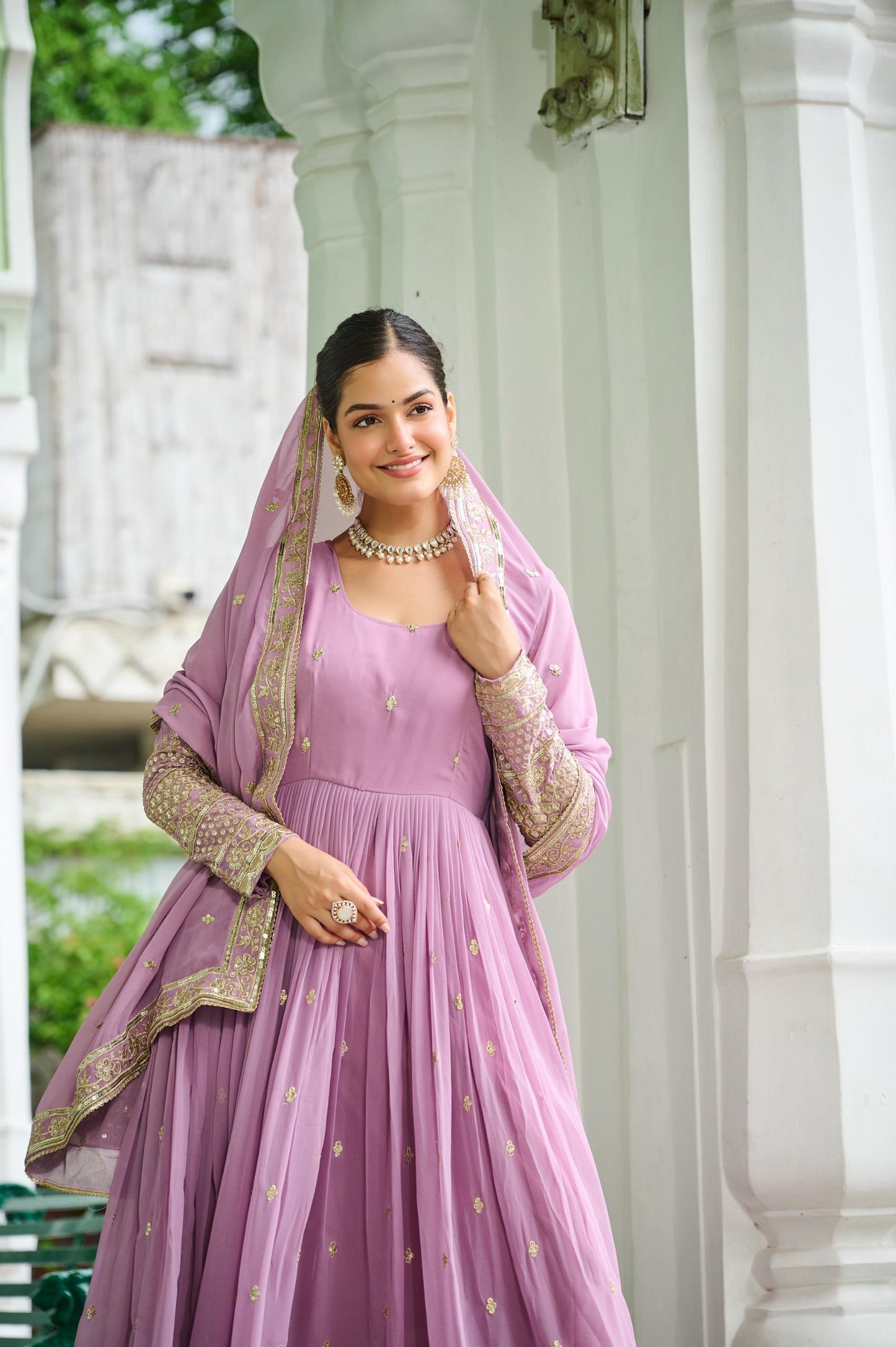 Pastal Attractive Dusty Gown Dupatta Set In Lavender & Sky Blue