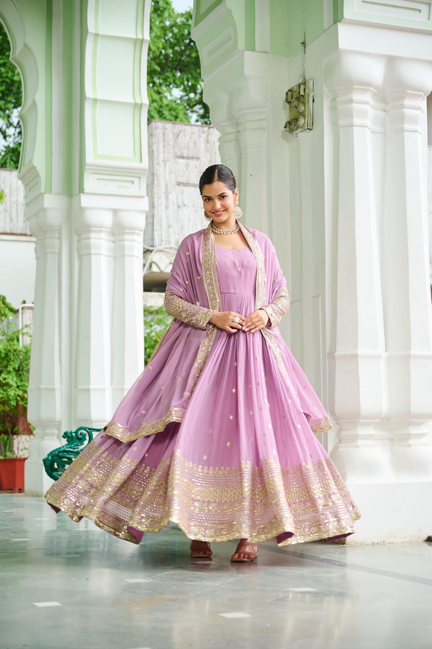 Pastal Attractive Dusty Gown Dupatta Set In Lavender & Sky Blue