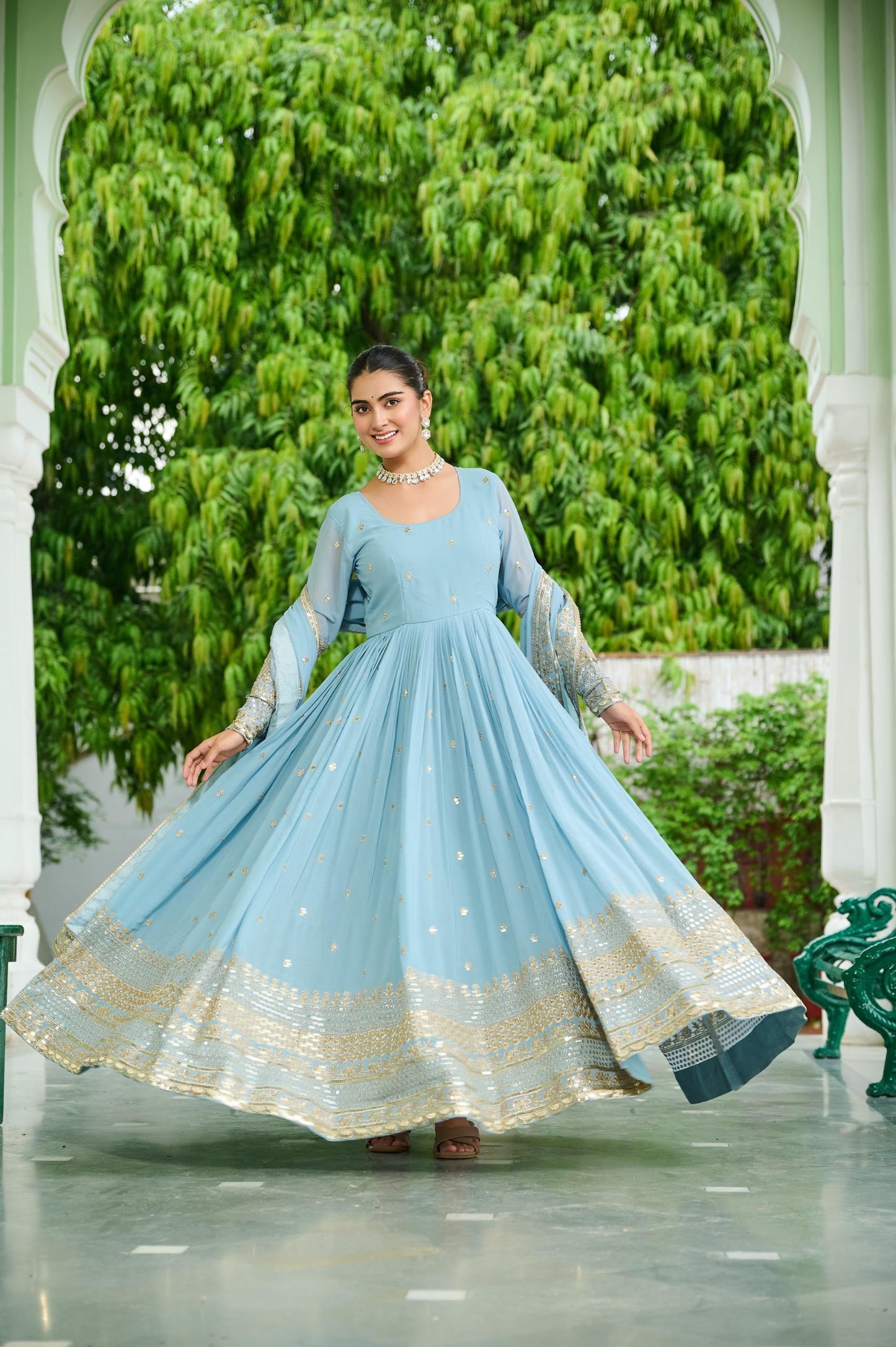 Pastal Attractive Dusty Gown Dupatta Set In Lavender & Sky Blue