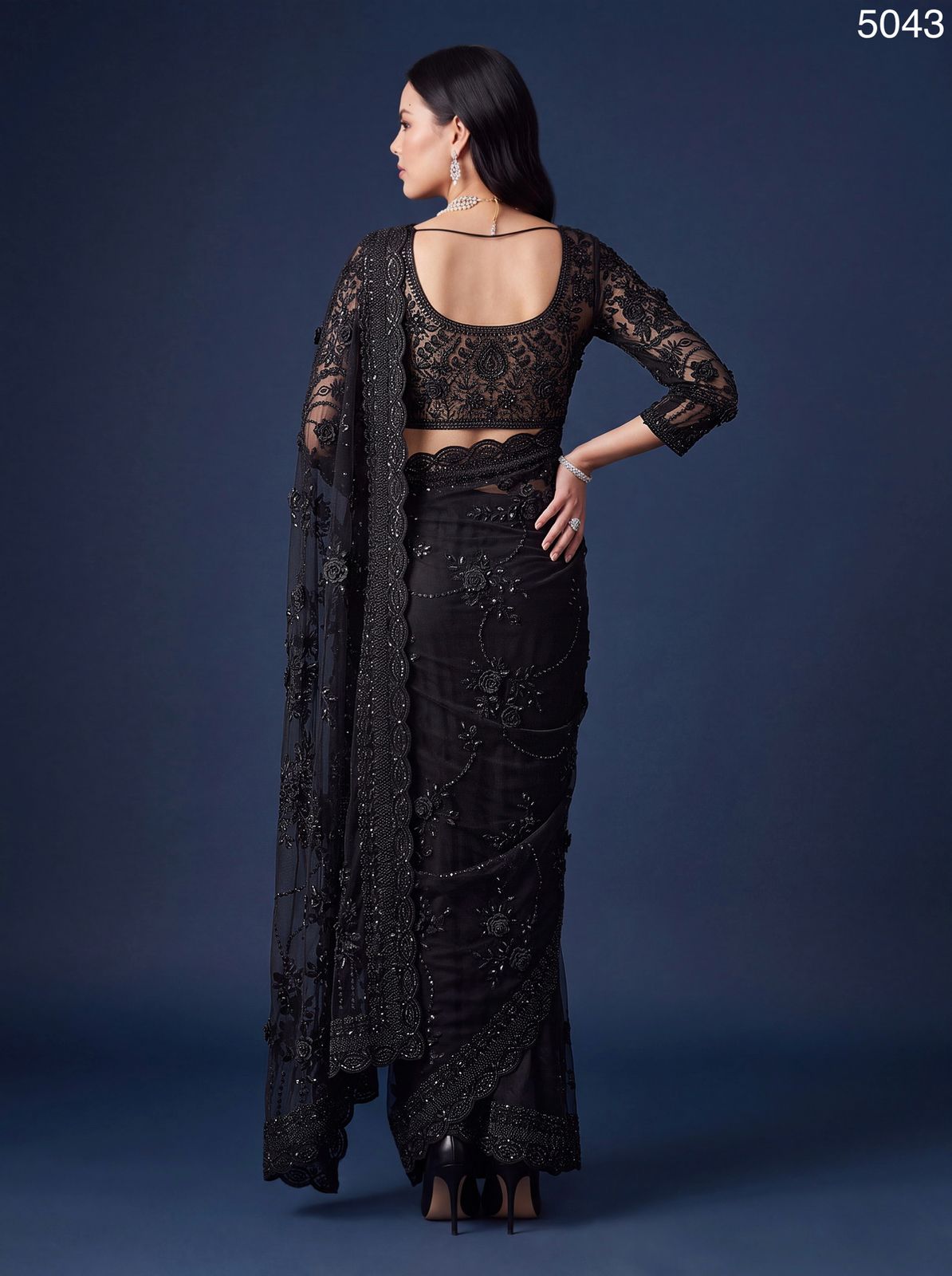 Midnight Glamour Handcrafted Black Net Designer Partywear Saree with Exquisite Beads & Floral Sequin Work