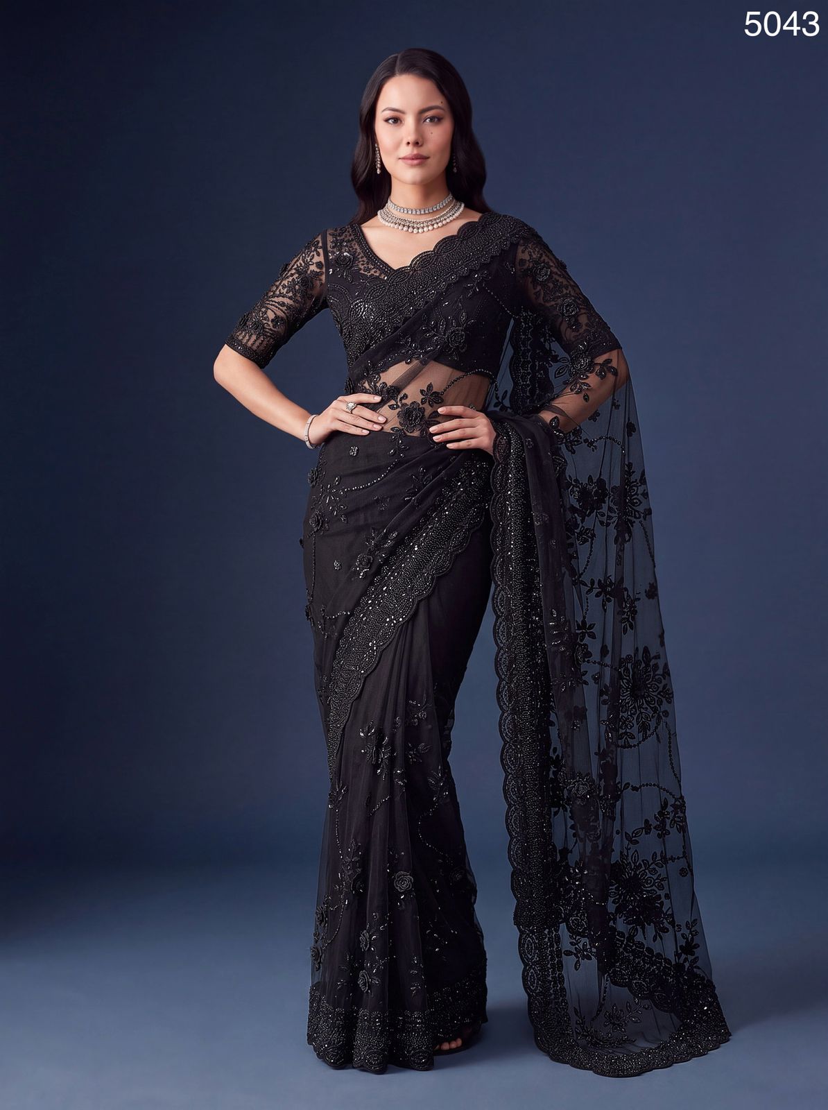 Midnight Glamour Handcrafted Black Net Designer Partywear Saree with Exquisite Beads & Floral Sequin Work