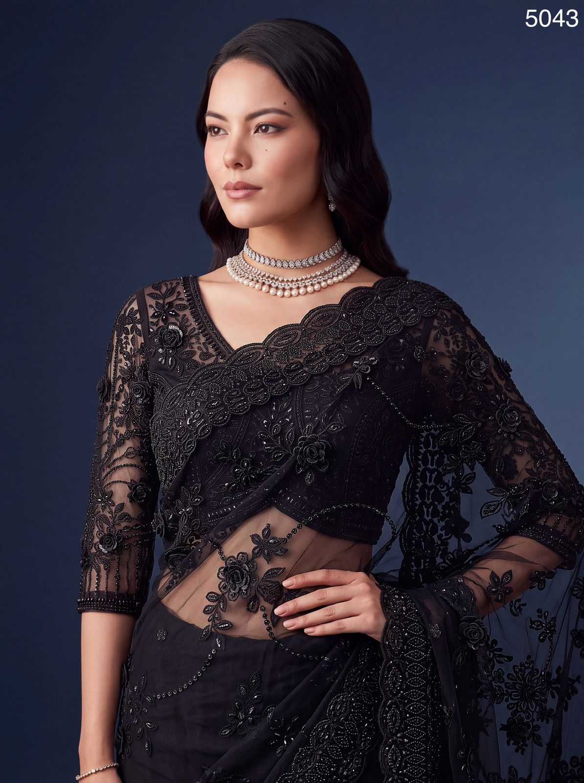 Midnight Glamour Handcrafted Black Net Designer Partywear Saree with Exquisite Beads & Floral Sequin Work