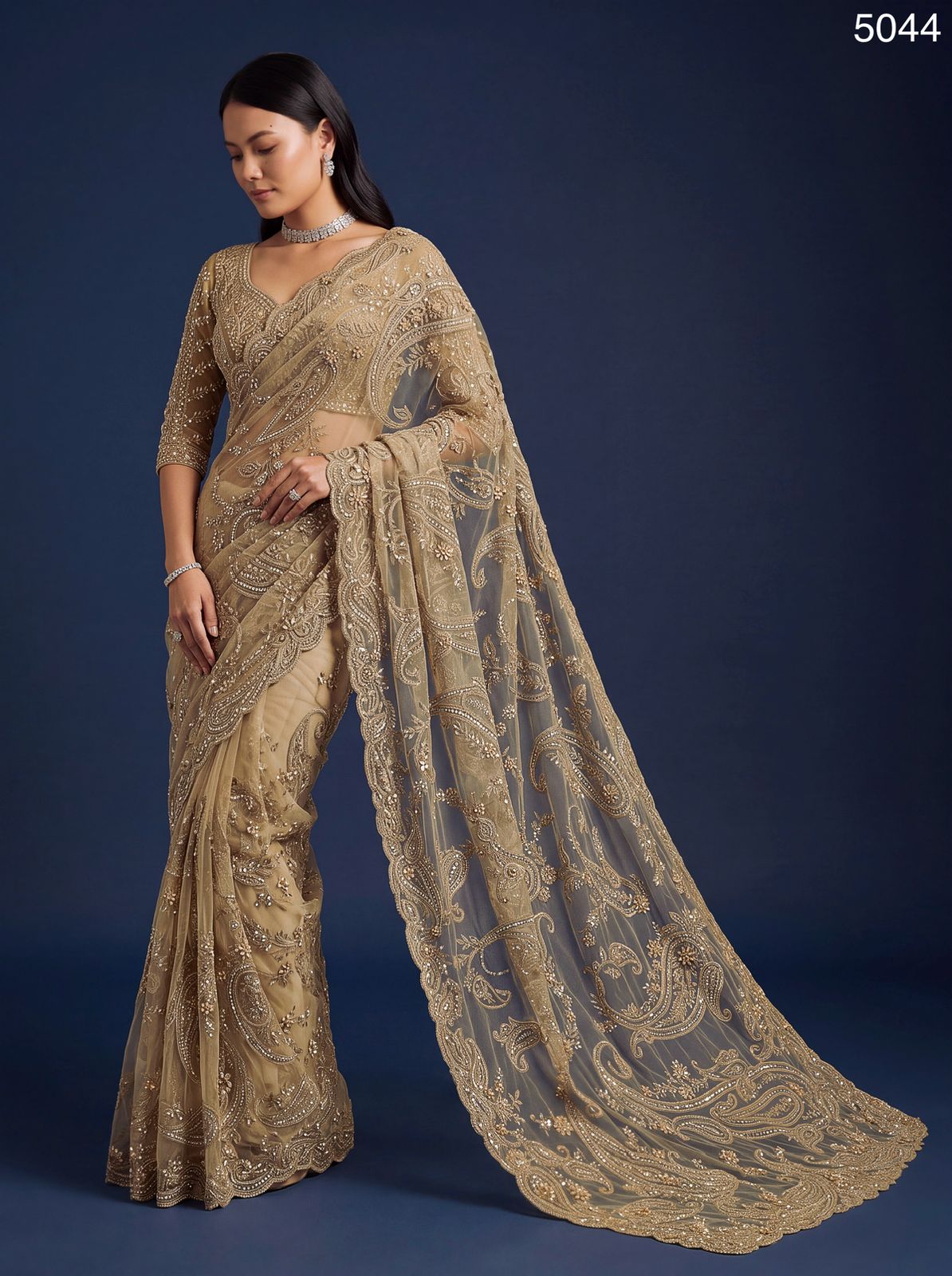 Golden Shade Beautiful Katha Chain Embroidered and Various Handwork Material Crafted Perfect Wedding Saree