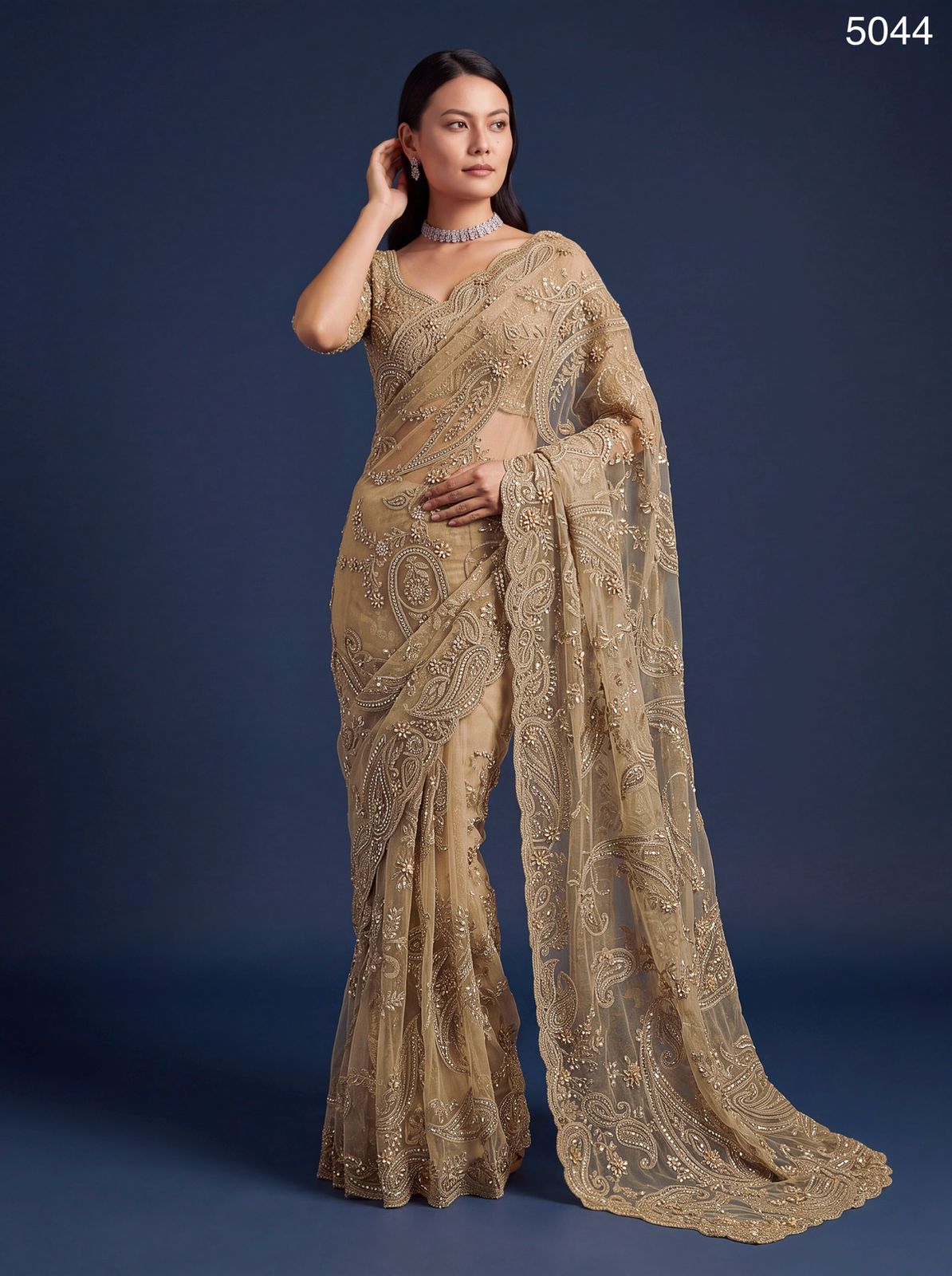 Golden Shade Beautiful Katha Chain Embroidered and Various Handwork Material Crafted Perfect Wedding Saree