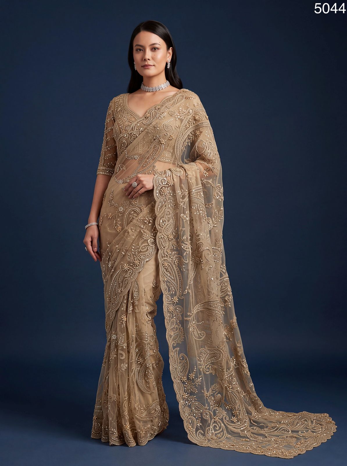 Golden Shade Beautiful Katha Chain Embroidered and Various Handwork Material Crafted Perfect Wedding Saree