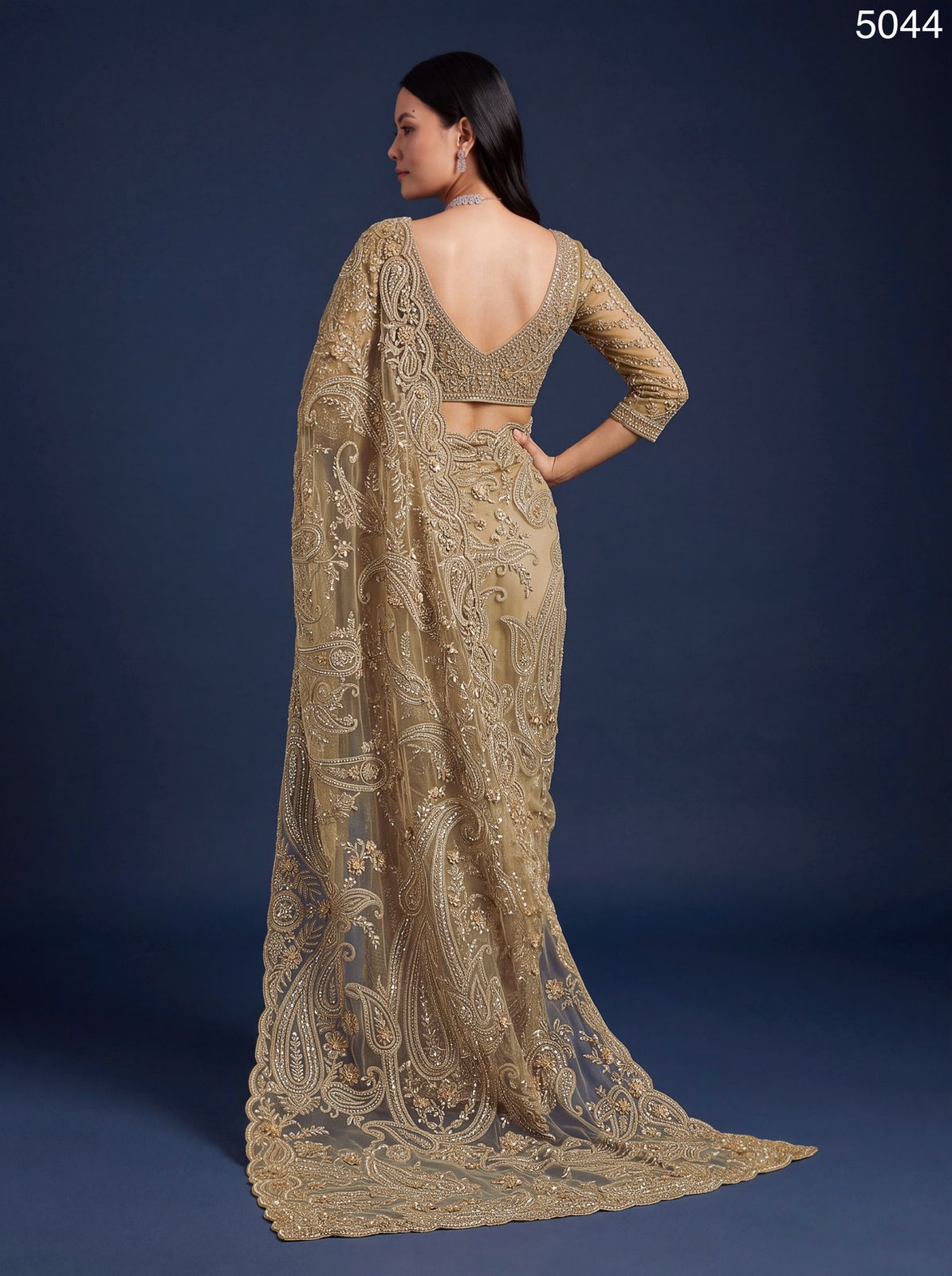 Golden Shade Beautiful Katha Chain Embroidered and Various Handwork Material Crafted Perfect Wedding Saree