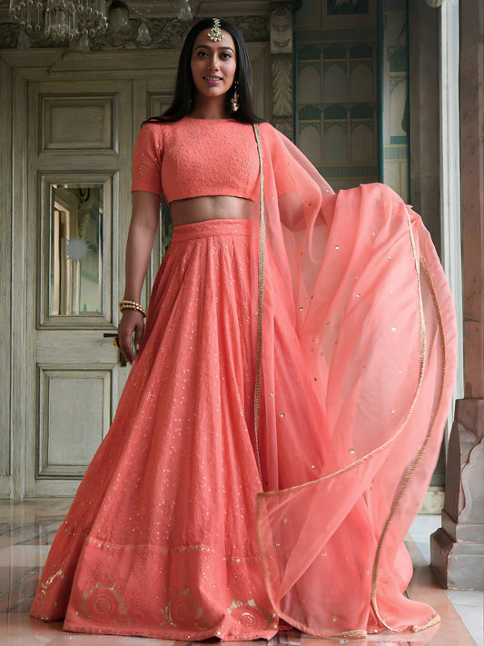 Peach Coral Pastal Orange Flaired Lehanga