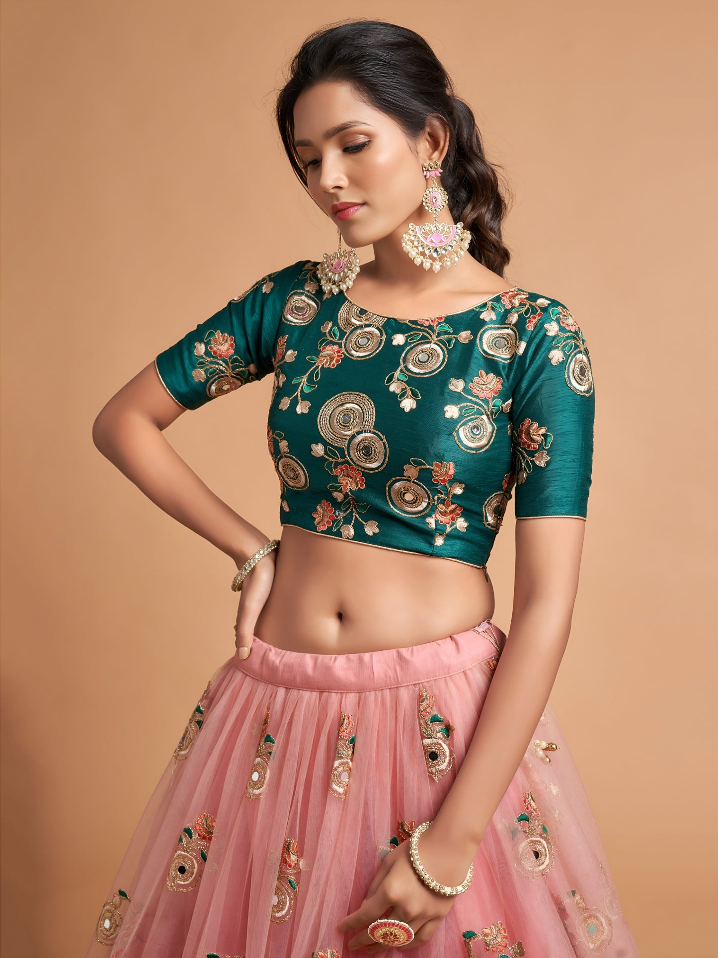 Elegant Peach Pink Net Lehenga