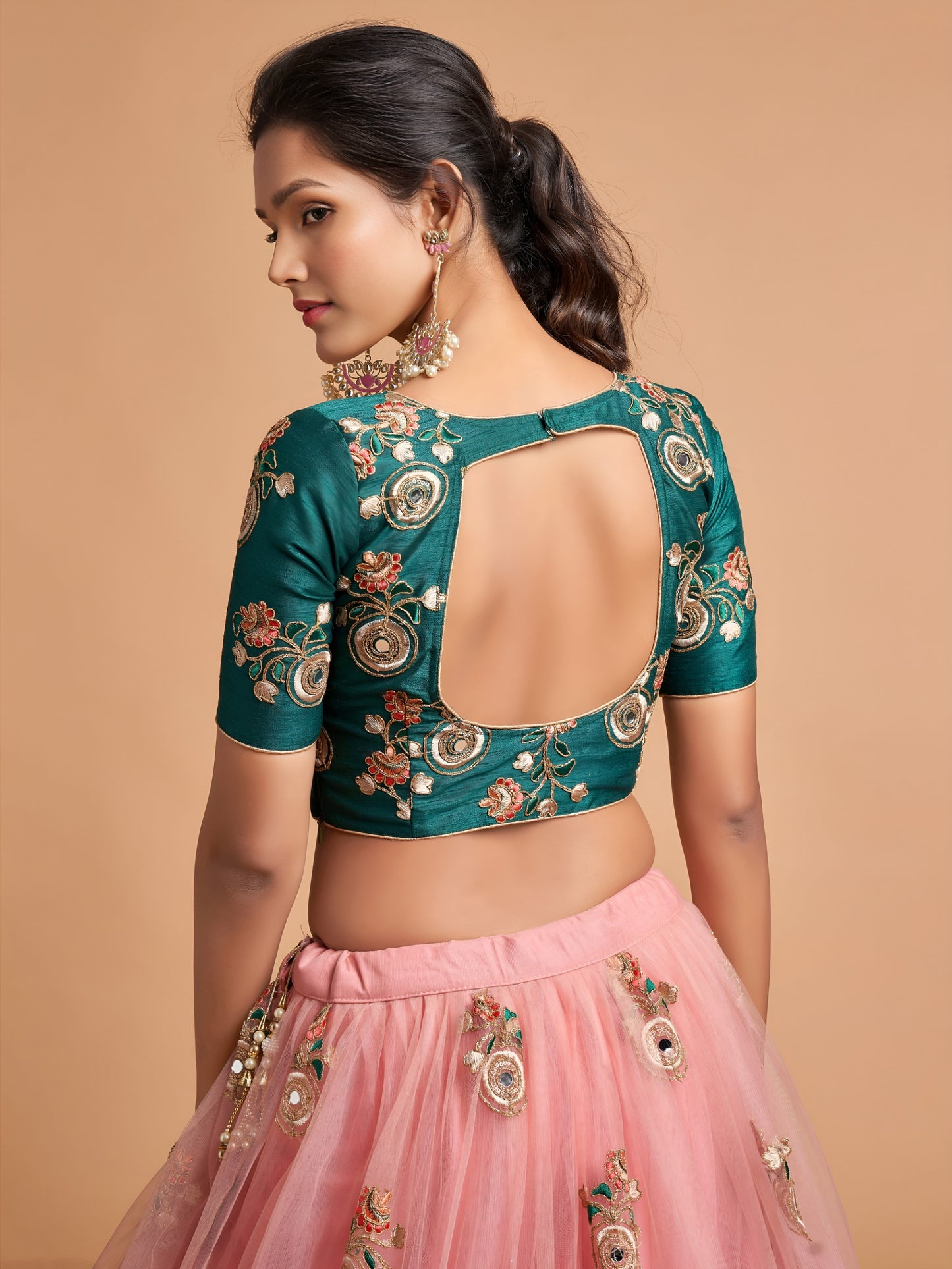 Elegant Peach Pink Net Lehenga