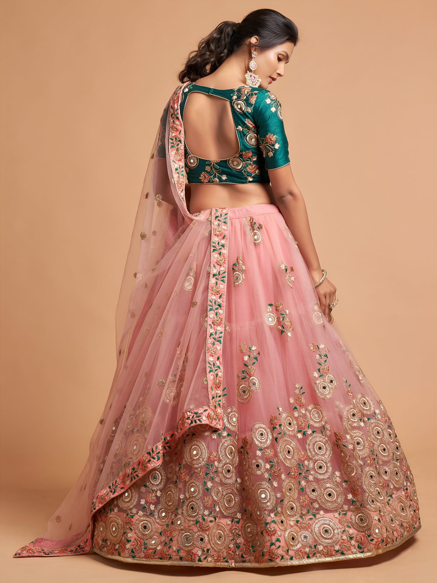Elegant Peach Pink Net Lehenga