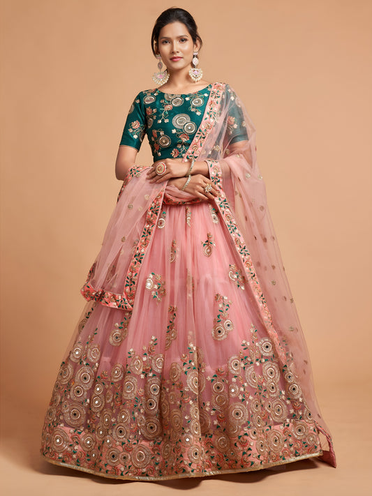 Elegant Peach Pink Net Lehenga
