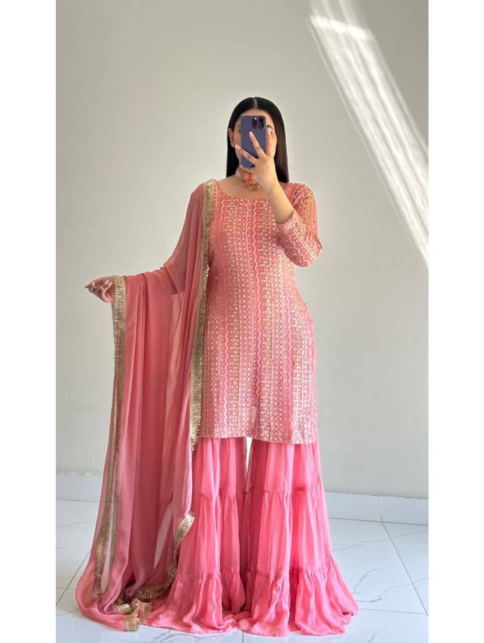 STYLISH SENSUAL SCINTILLATING PINK & BLUE PARTY EXCLUSIVE PLAAZO OUTFIT