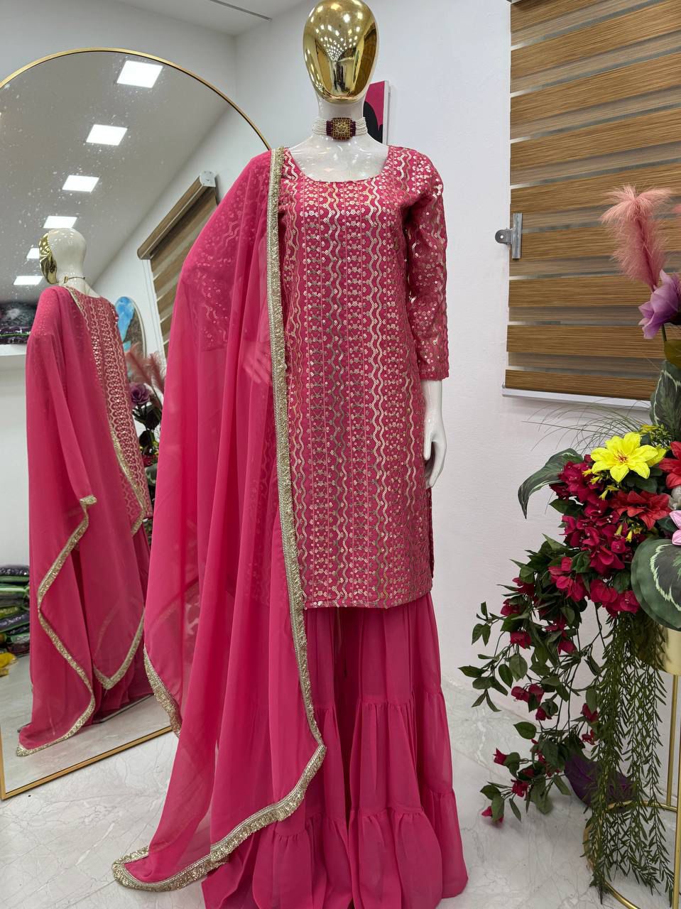 STYLISH SENSUAL SCINTILLATING PINK & BLUE PARTY EXCLUSIVE PLAAZO OUTFIT