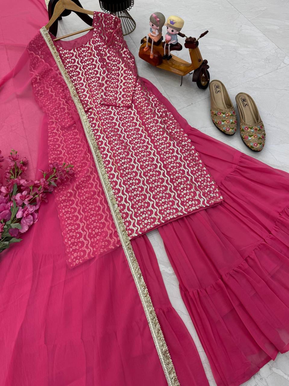 STYLISH SENSUAL SCINTILLATING PINK & BLUE PARTY EXCLUSIVE PLAAZO OUTFIT