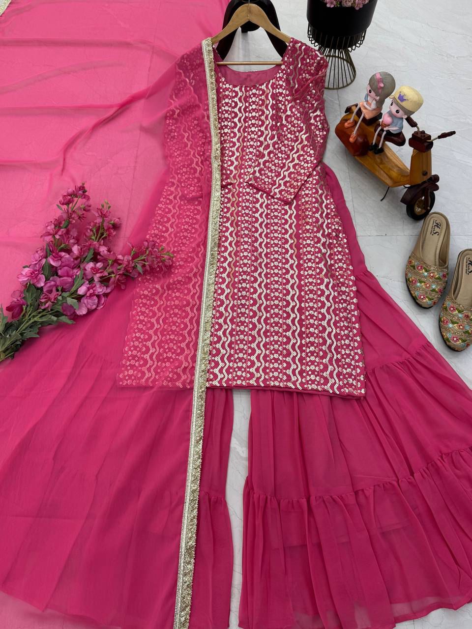 STYLISH SENSUAL SCINTILLATING PINK & BLUE PARTY EXCLUSIVE PLAAZO OUTFIT