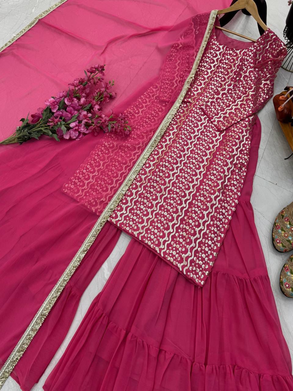 STYLISH SENSUAL SCINTILLATING PINK & BLUE PARTY EXCLUSIVE PLAAZO OUTFIT