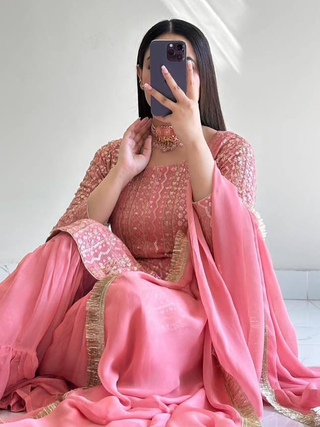STYLISH SENSUAL SCINTILLATING PINK & BLUE PARTY EXCLUSIVE PLAAZO OUTFIT