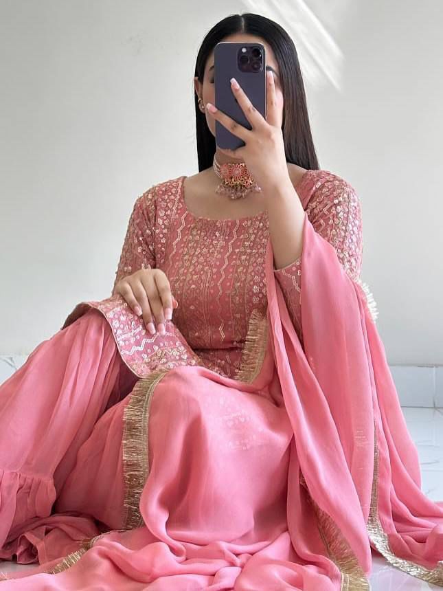 STYLISH SENSUAL SCINTILLATING PINK & BLUE PARTY EXCLUSIVE PLAAZO OUTFIT