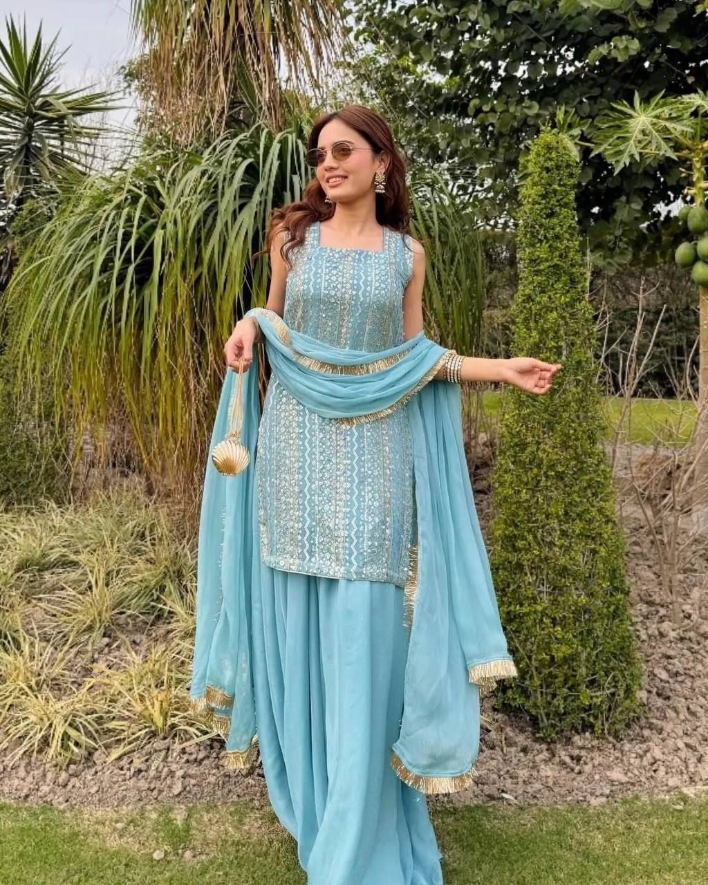 STYLISH SENSUAL SCINTILLATING PINK & BLUE PARTY EXCLUSIVE PLAAZO OUTFIT