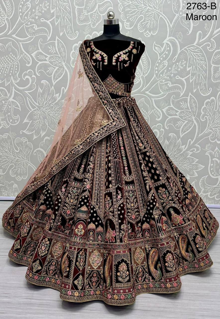 Well Designed Double dupatta Designer bridal Lehenga - Maroon