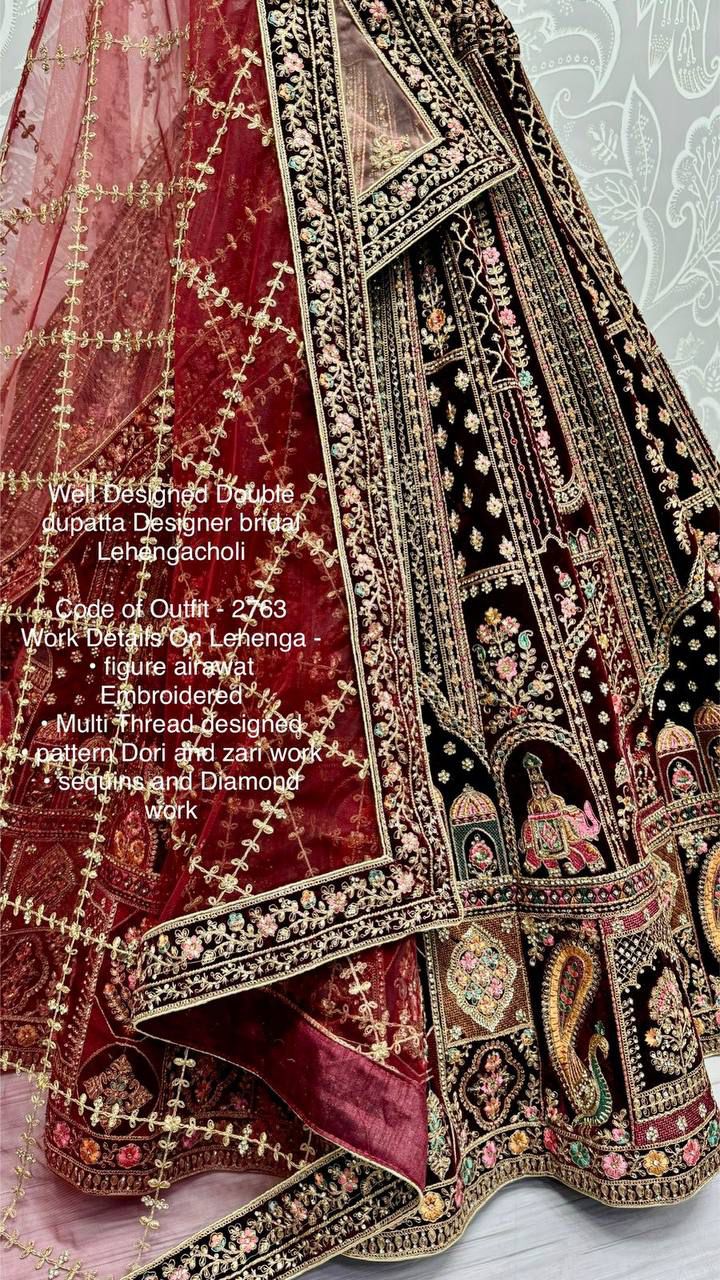 Well Designed Double dupatta Designer bridal Lehenga - Maroon