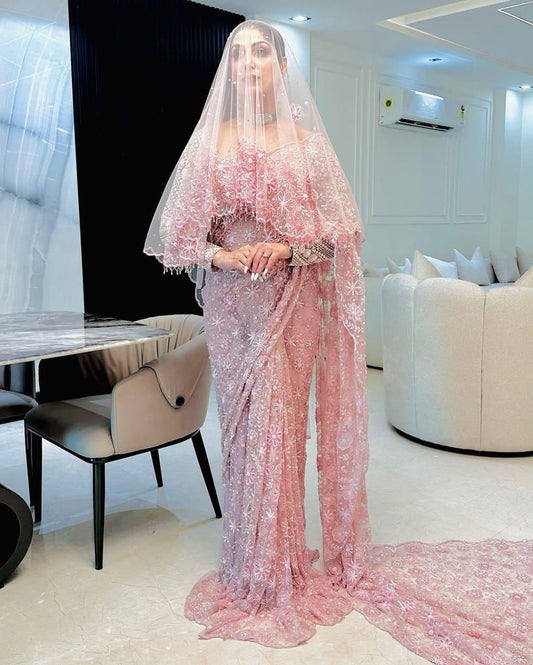 Premium Pink Bling Superior Sequins Work Saree