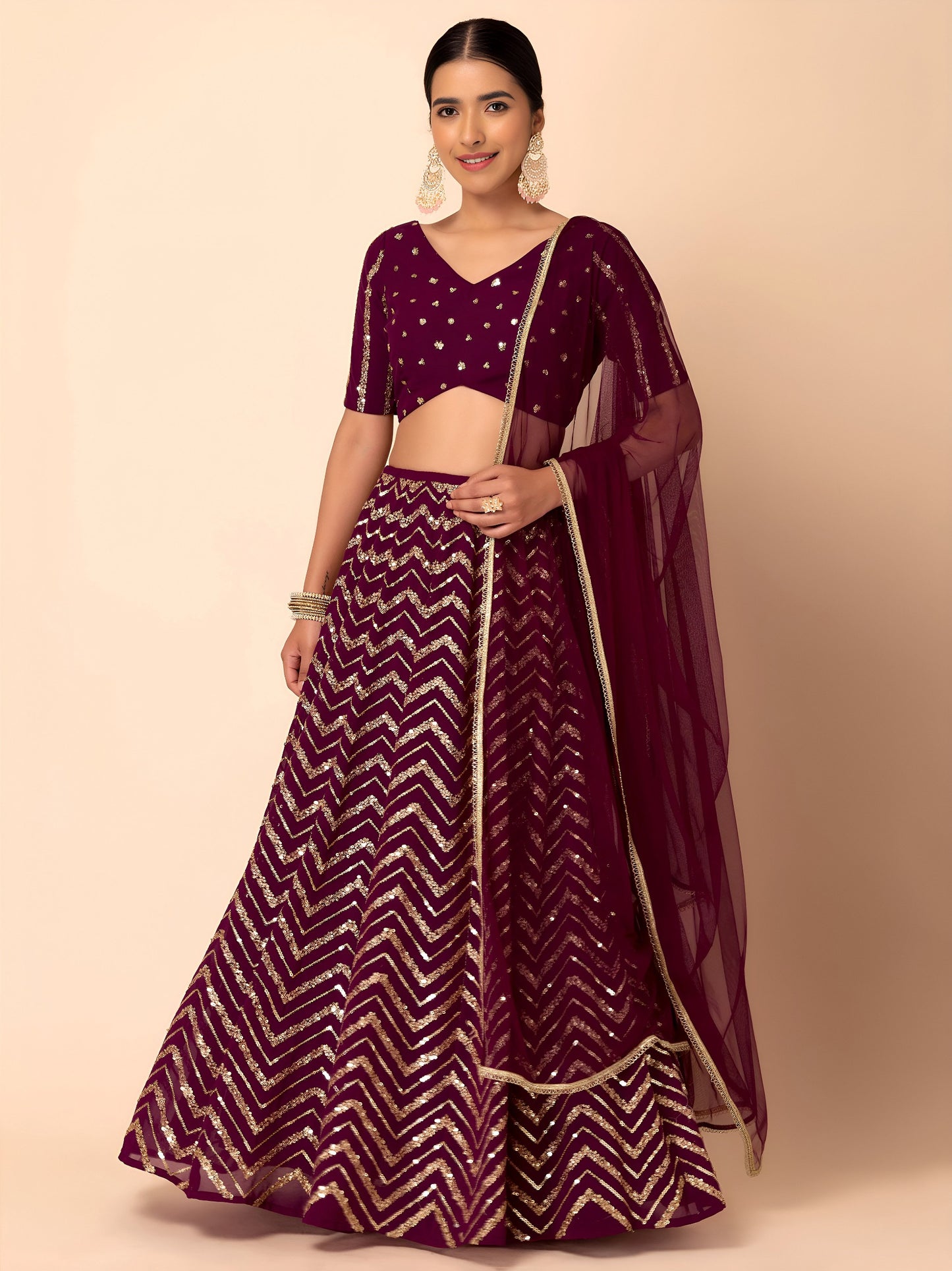 Royal Maroon Chevron Sparkle Lehenga