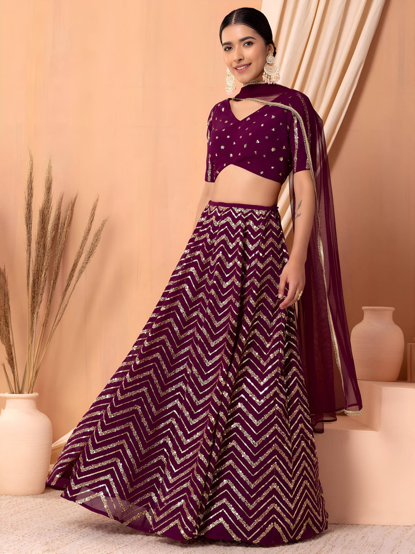 Royal Maroon Chevron Sparkle Lehenga