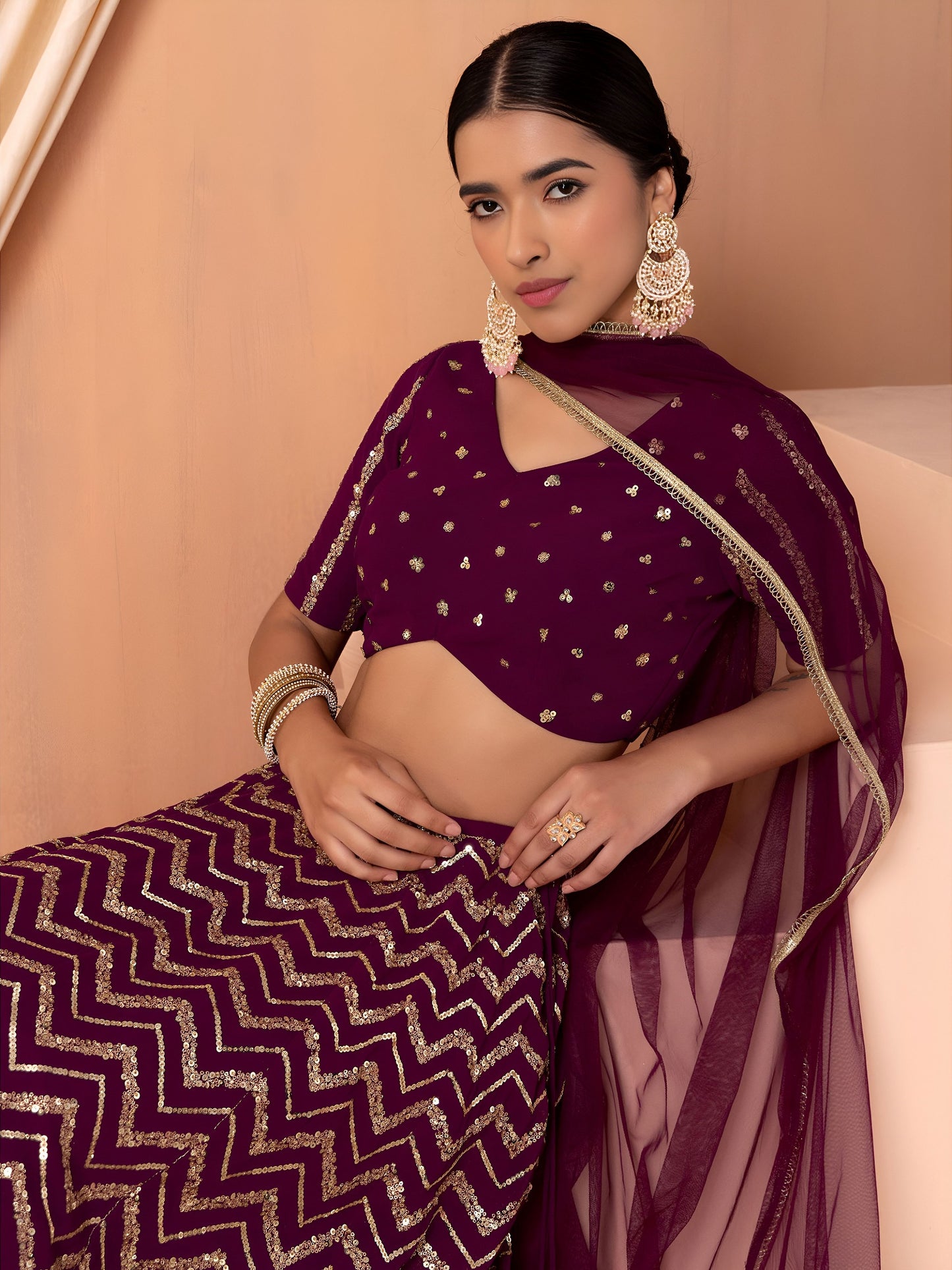 Royal Maroon Chevron Sparkle Lehenga