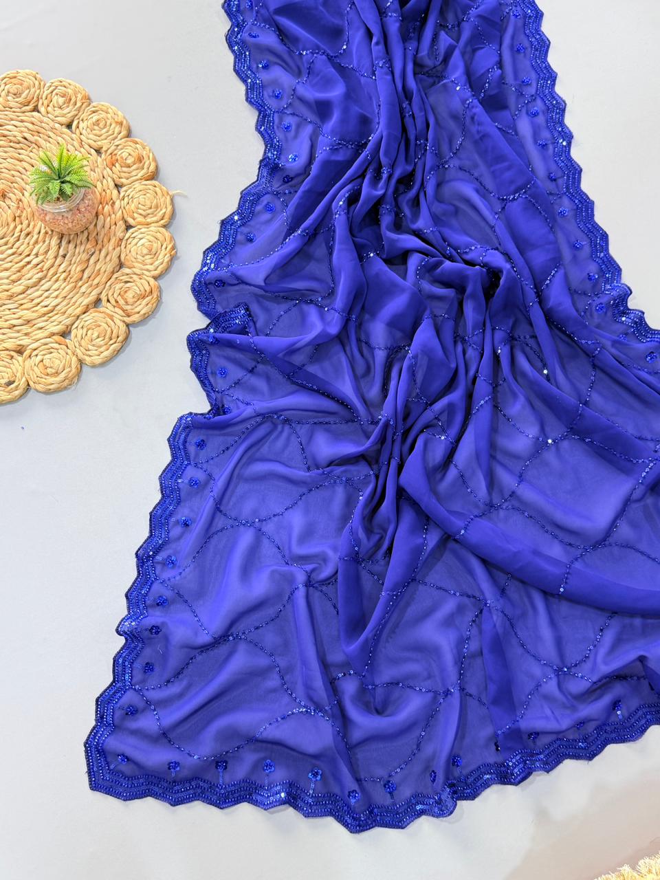 Royal Blue Premium Pure Georgette Saree