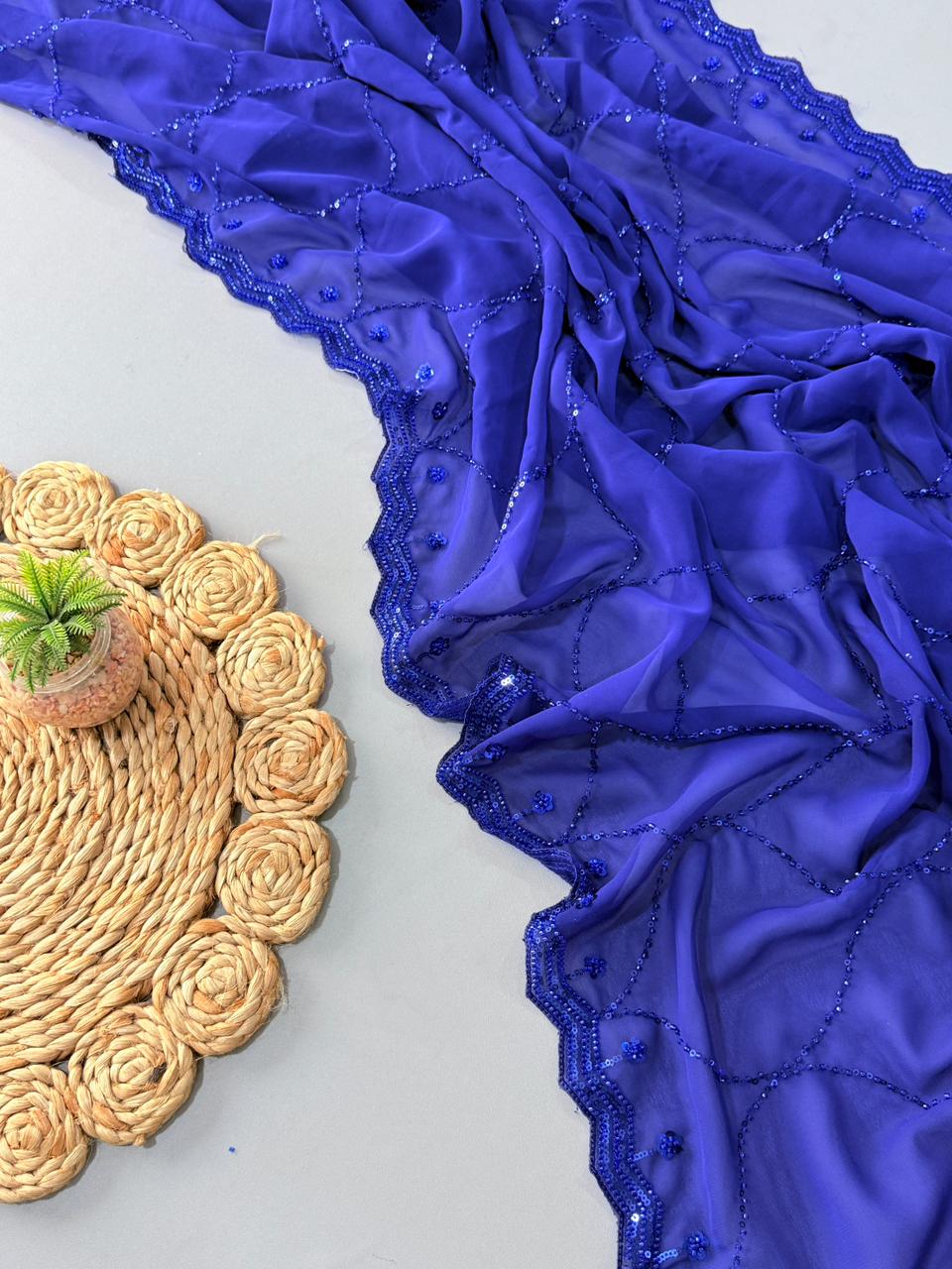 Royal Blue Premium Pure Georgette Saree