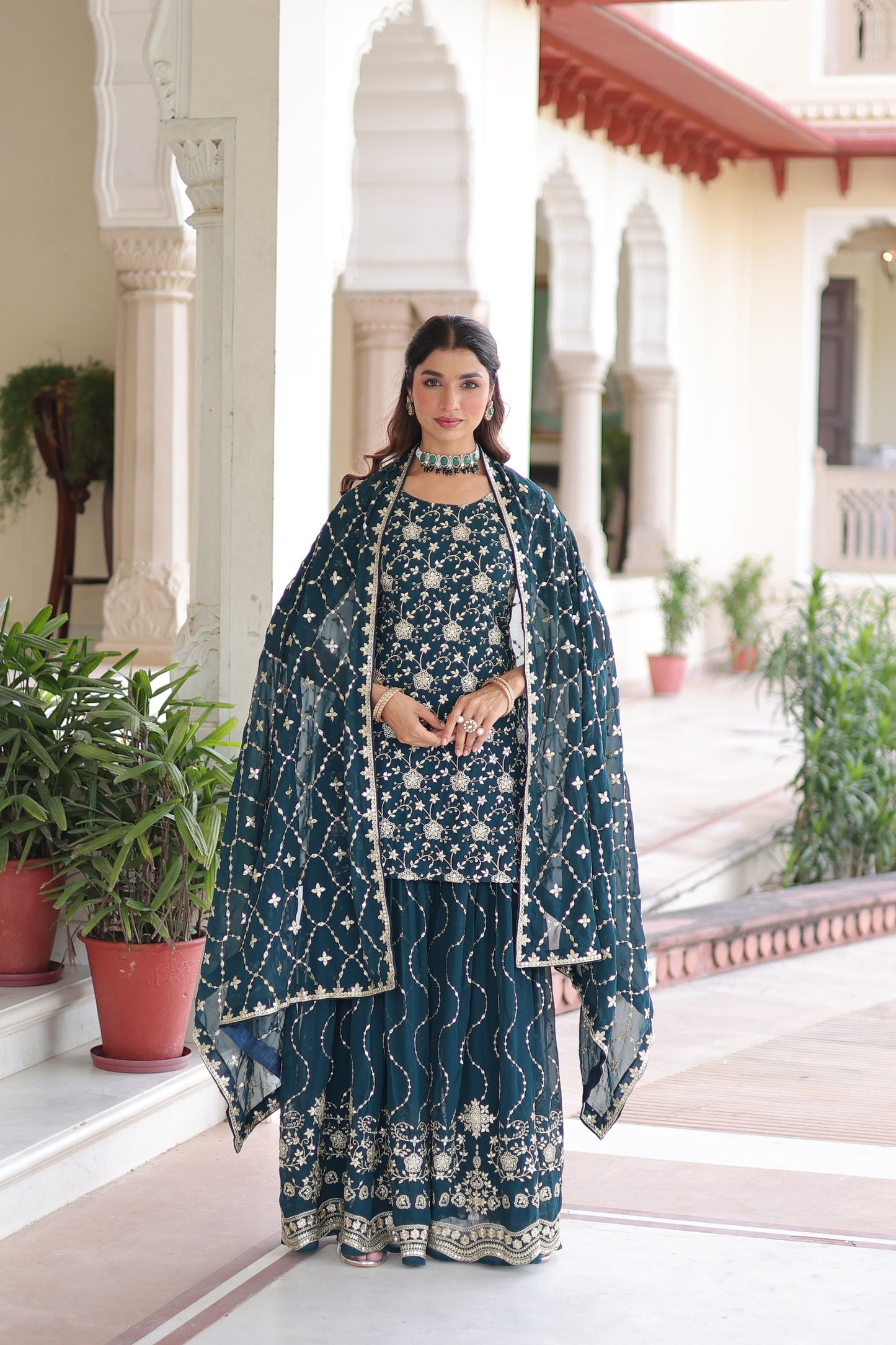 PREMIUM DESIGNER READYMADE TOP-SHARARA-DUPATTA SET
