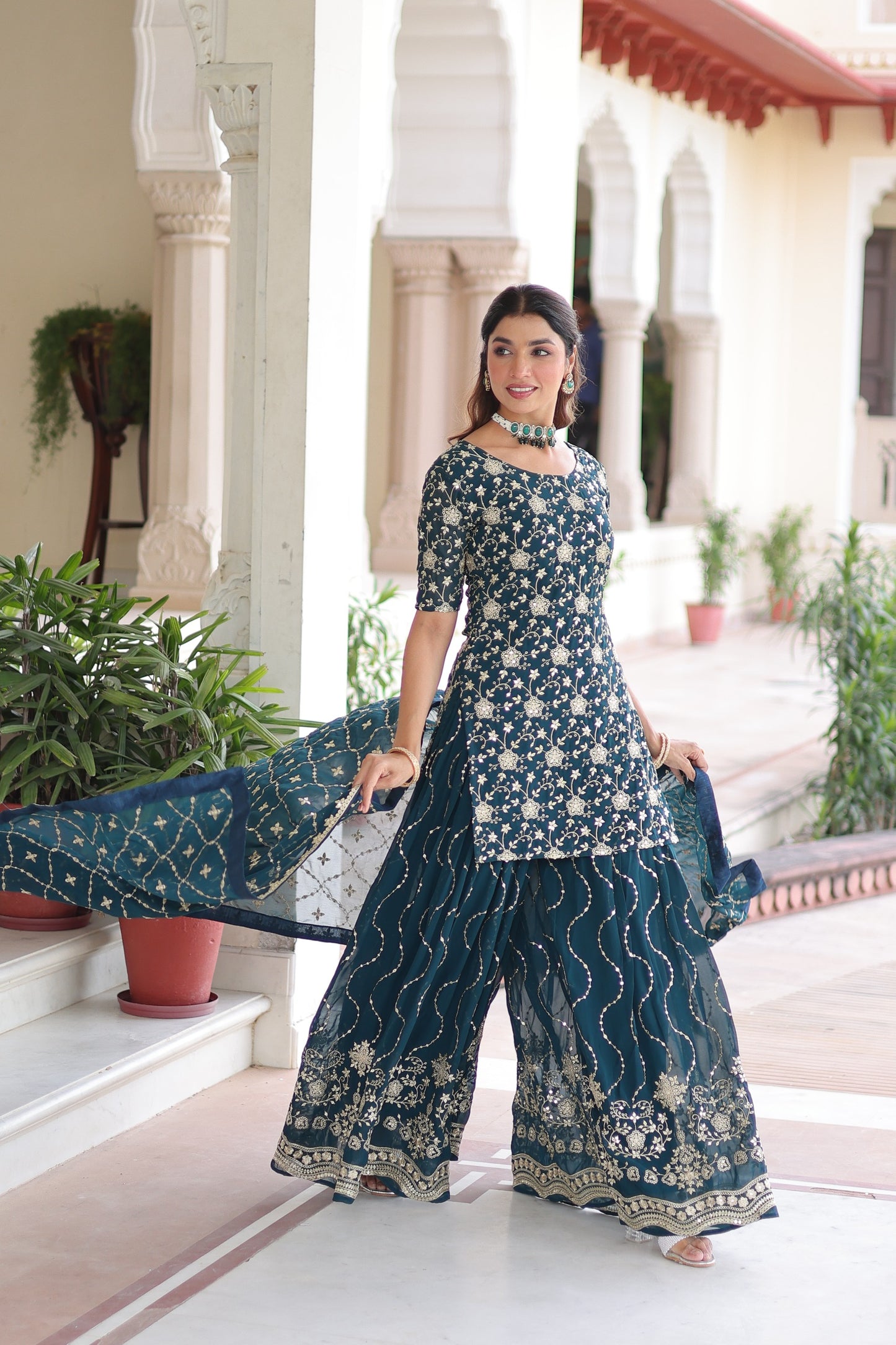 PREMIUM DESIGNER READYMADE TOP-SHARARA-DUPATTA SET