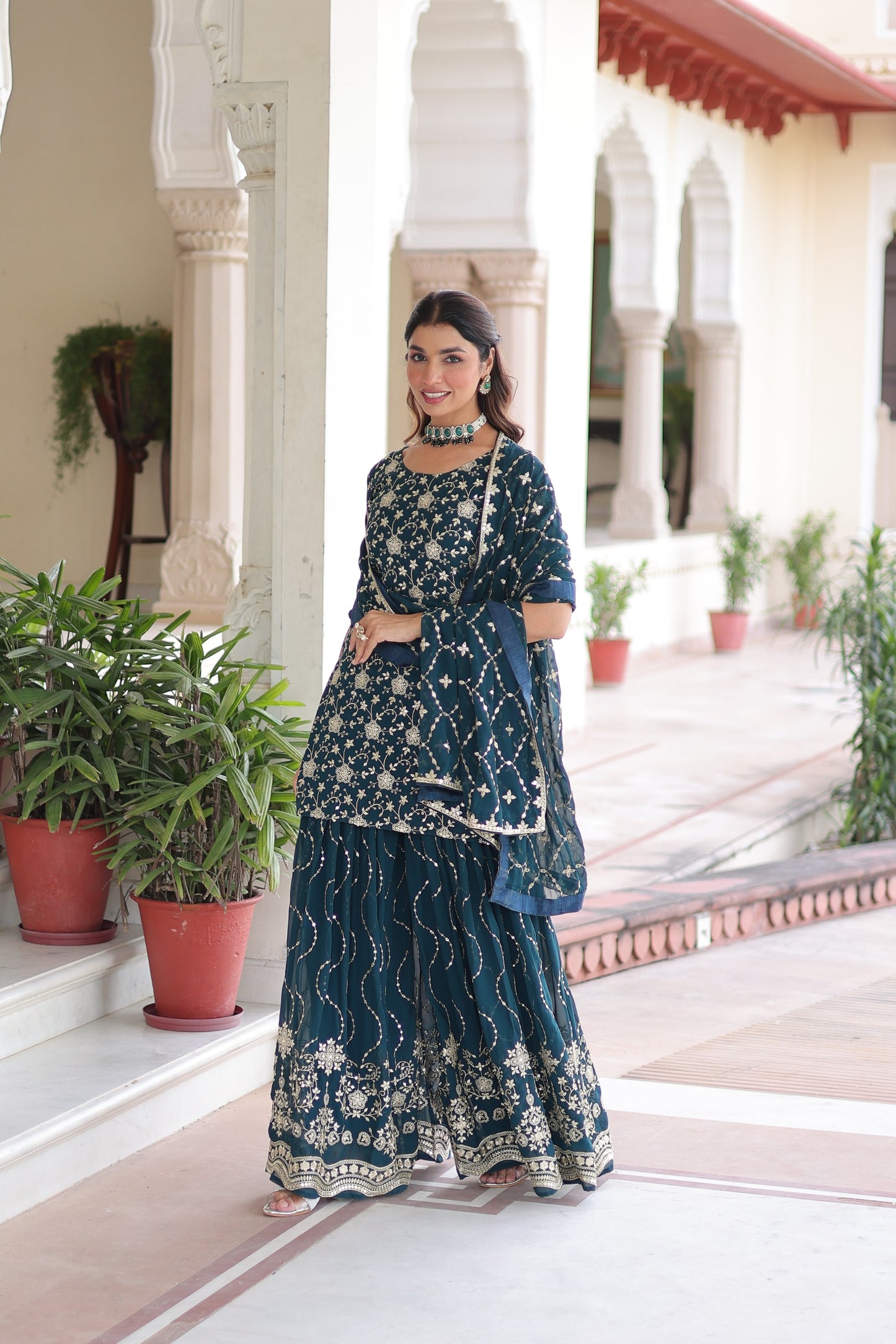 PREMIUM DESIGNER READYMADE TOP-SHARARA-DUPATTA SET