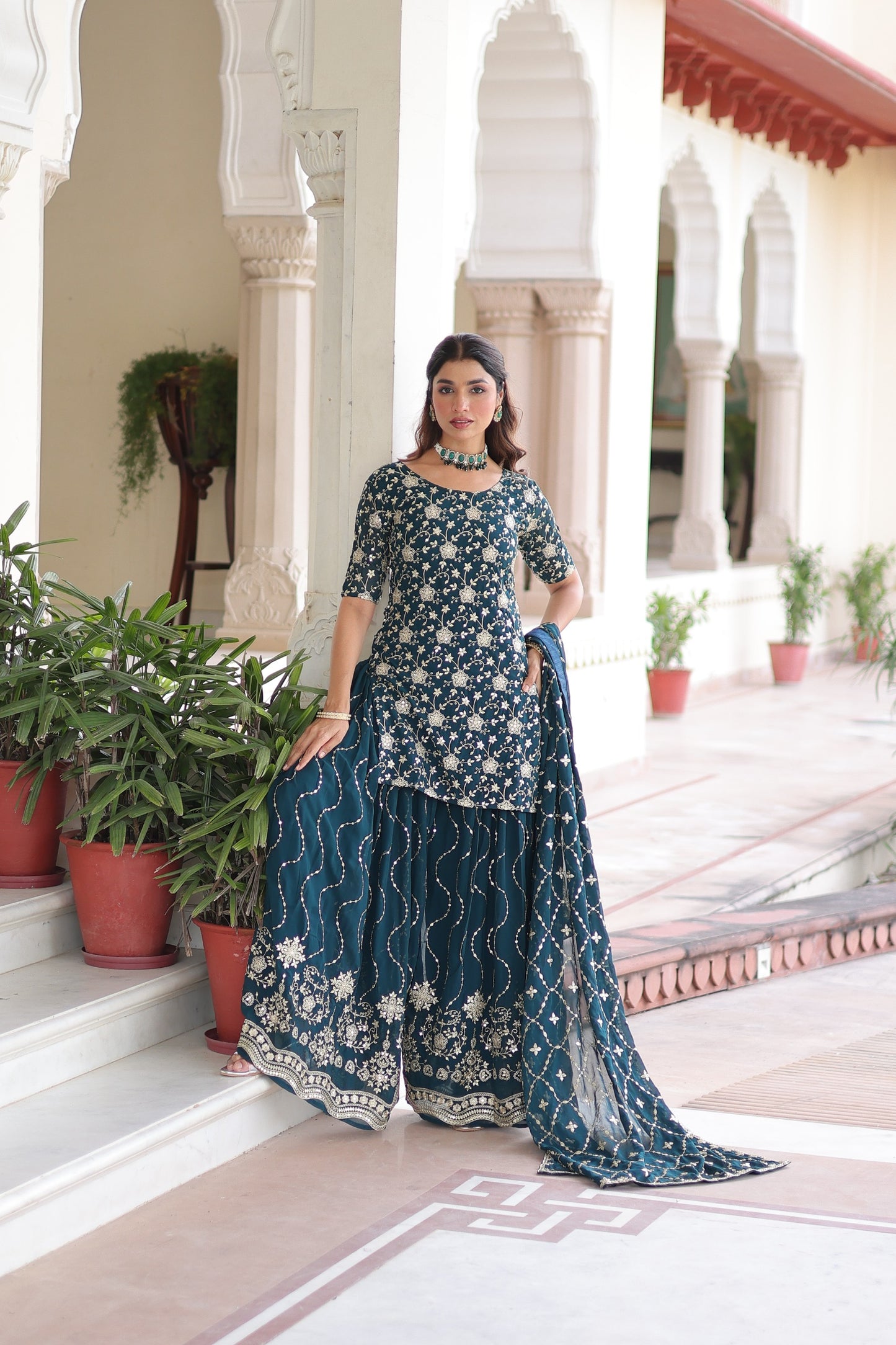 PREMIUM DESIGNER READYMADE TOP-SHARARA-DUPATTA SET