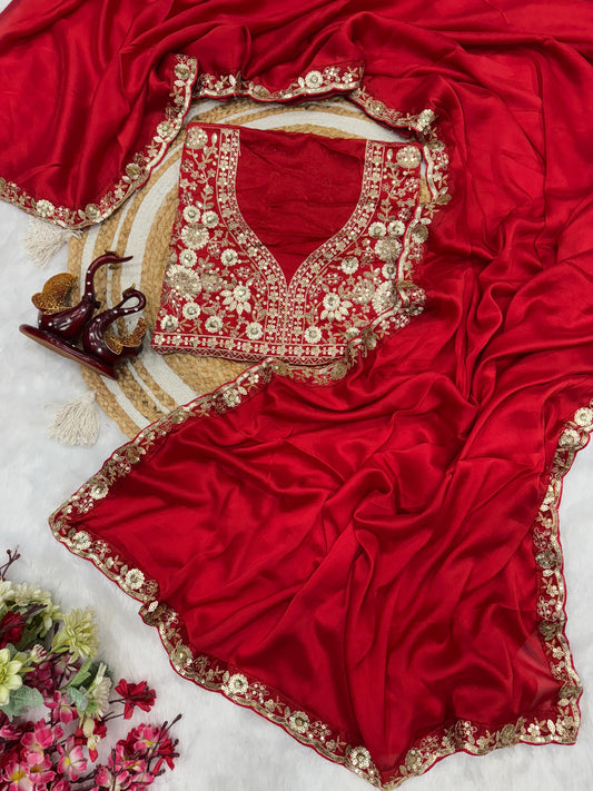 Red Lusture Premium Rangoli Silk Saree