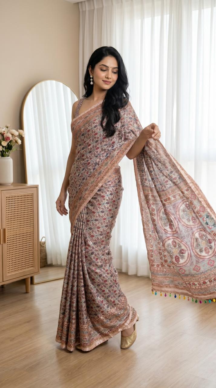Mirror Work Roman Silk Premium Saree