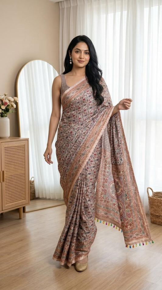 Mirror Work Roman Silk Premium Saree